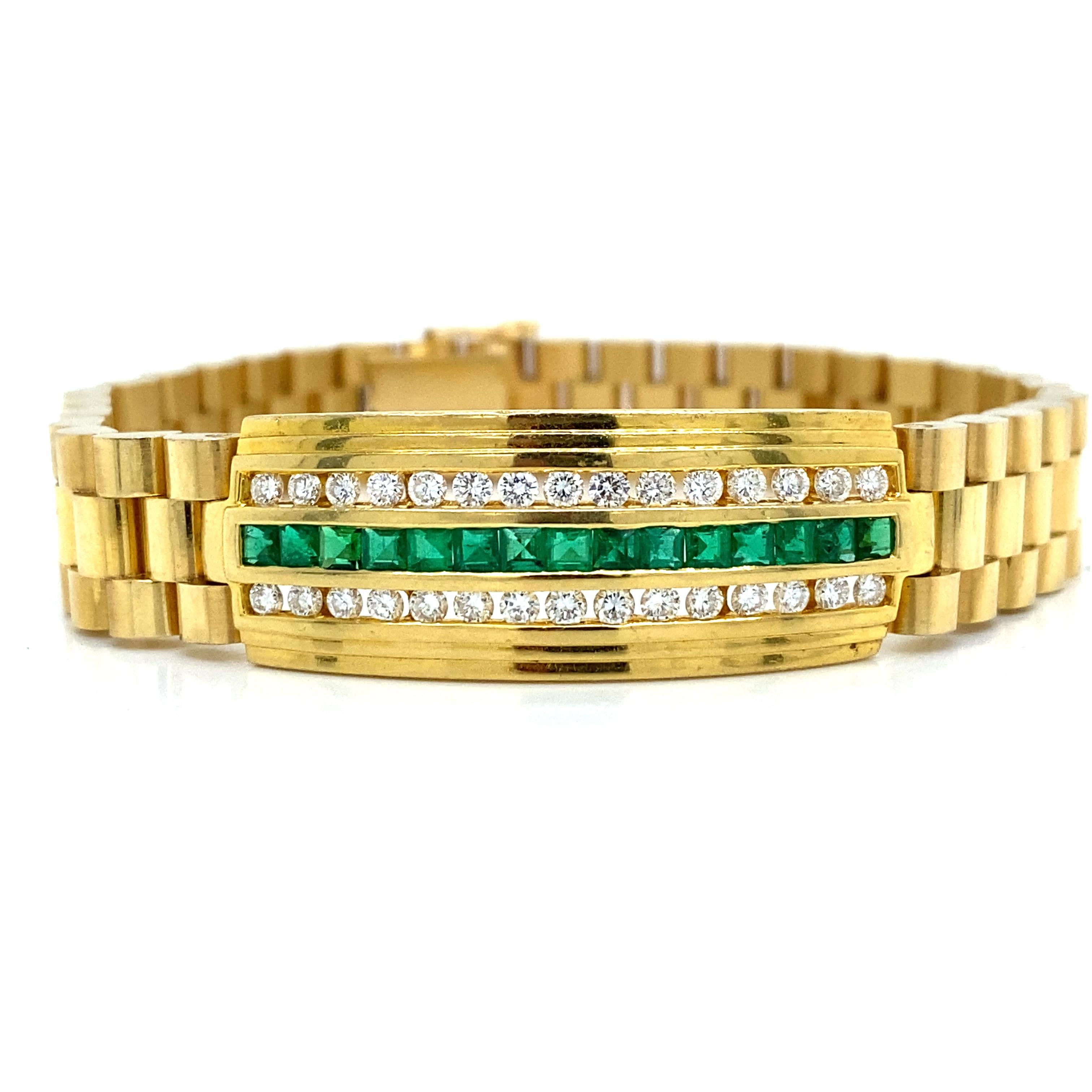 Diamond Emerald Bracelet in 18K Yellow Gold.  (15) Emerald Gemstones weighing 1.05 carats and (30) Round Brilliant Cut Diamonds weighing 1.50 carat total weight, G-H in color and VS in clarity are expertly set.  The Bracelet measures 7 1/2 inch in