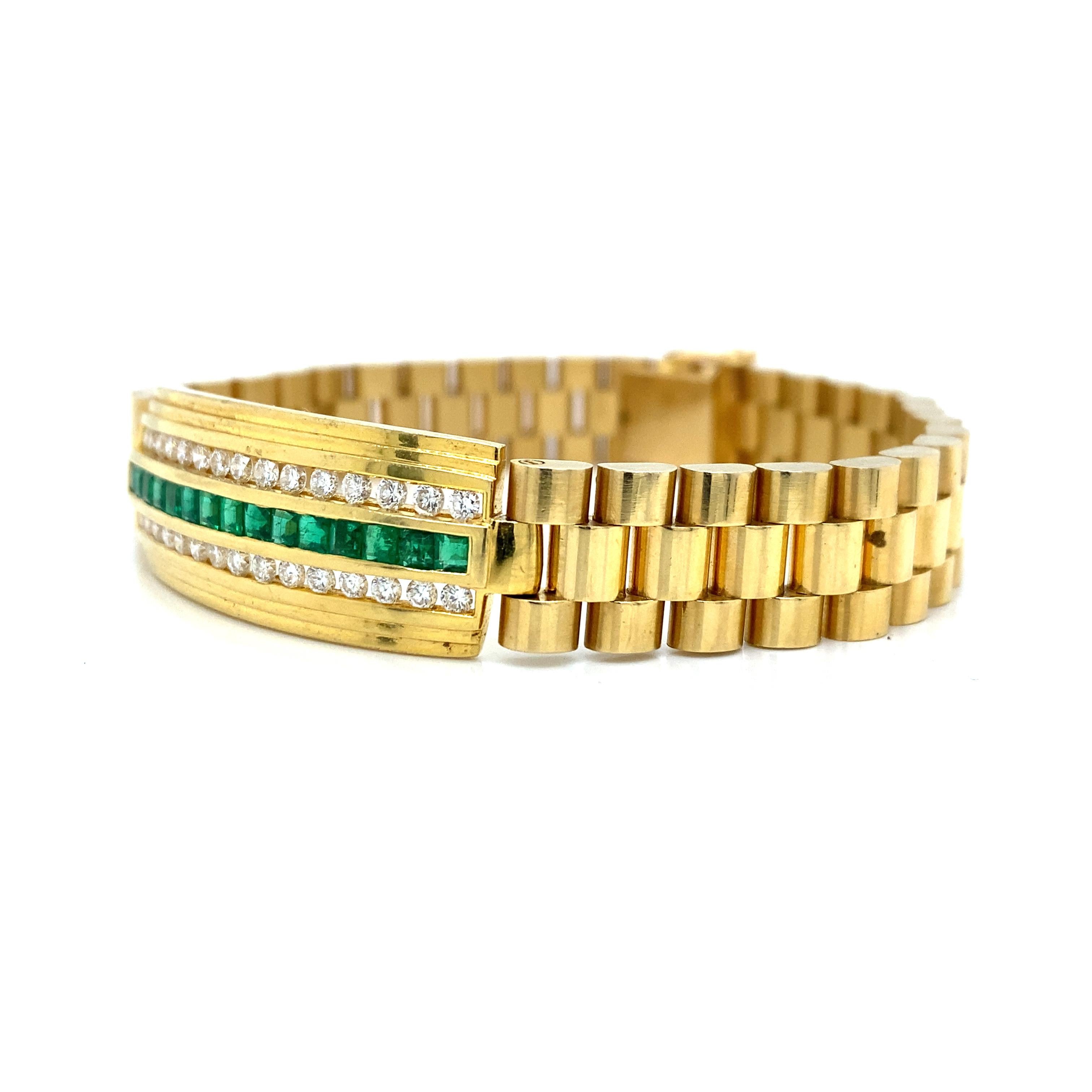 18K Diamond Emerald Bracelet Yellow Gold In Good Condition In Boca Raton, FL