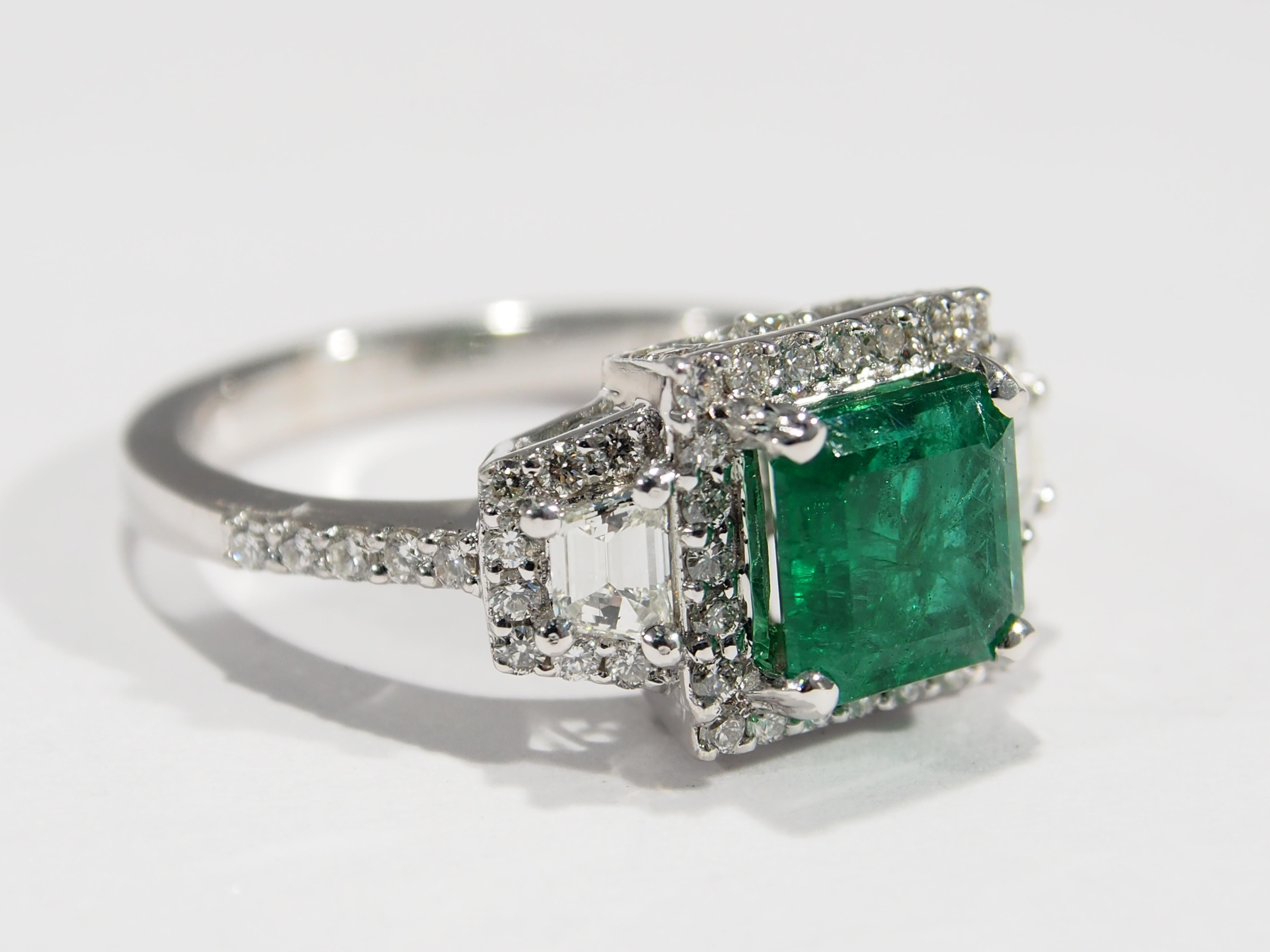 Women's or Men's 18 Karat Diamond Emerald Ring White Gold