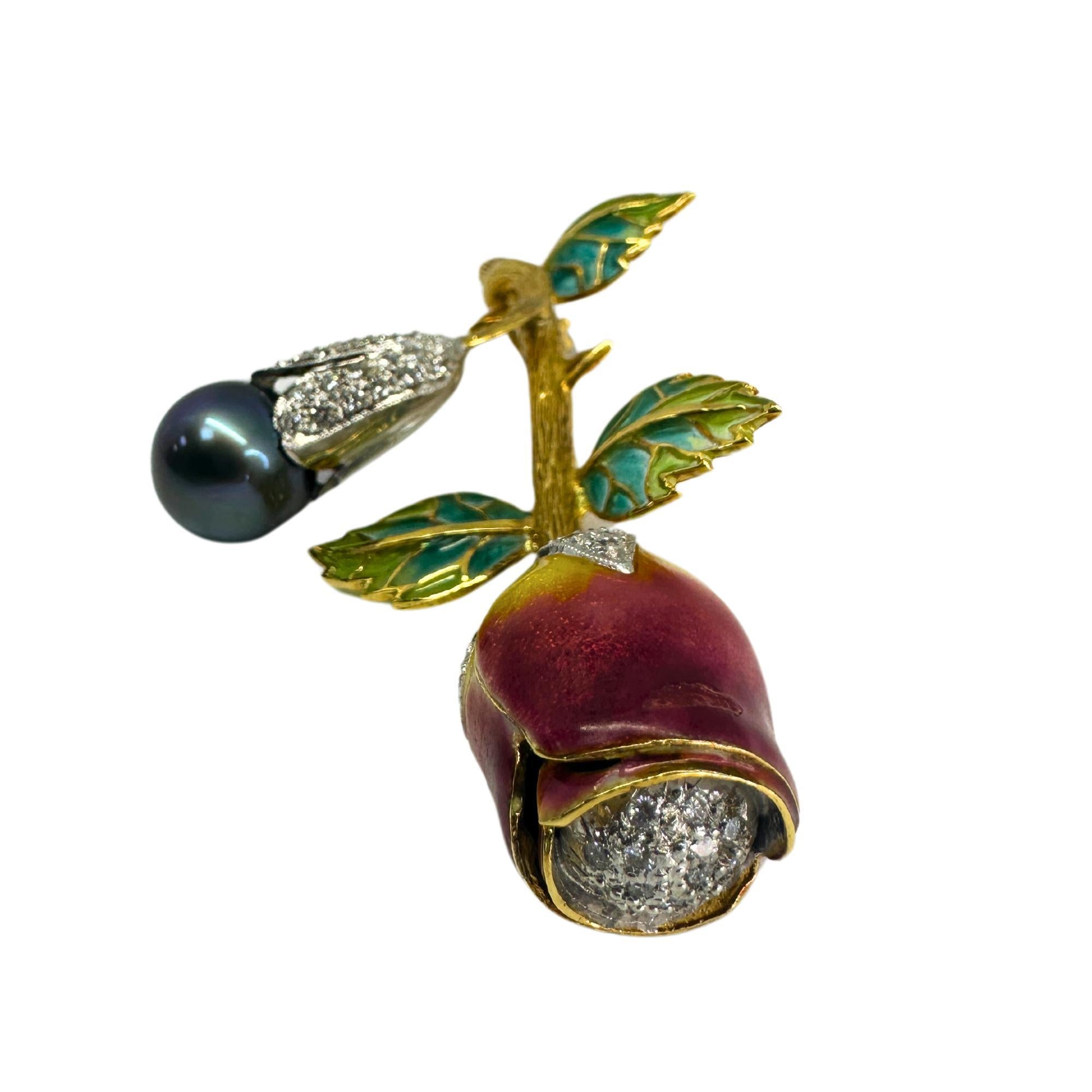 Round Cut 18K Diamond, Enamel and Pearl Rose Flower Brooch For Sale