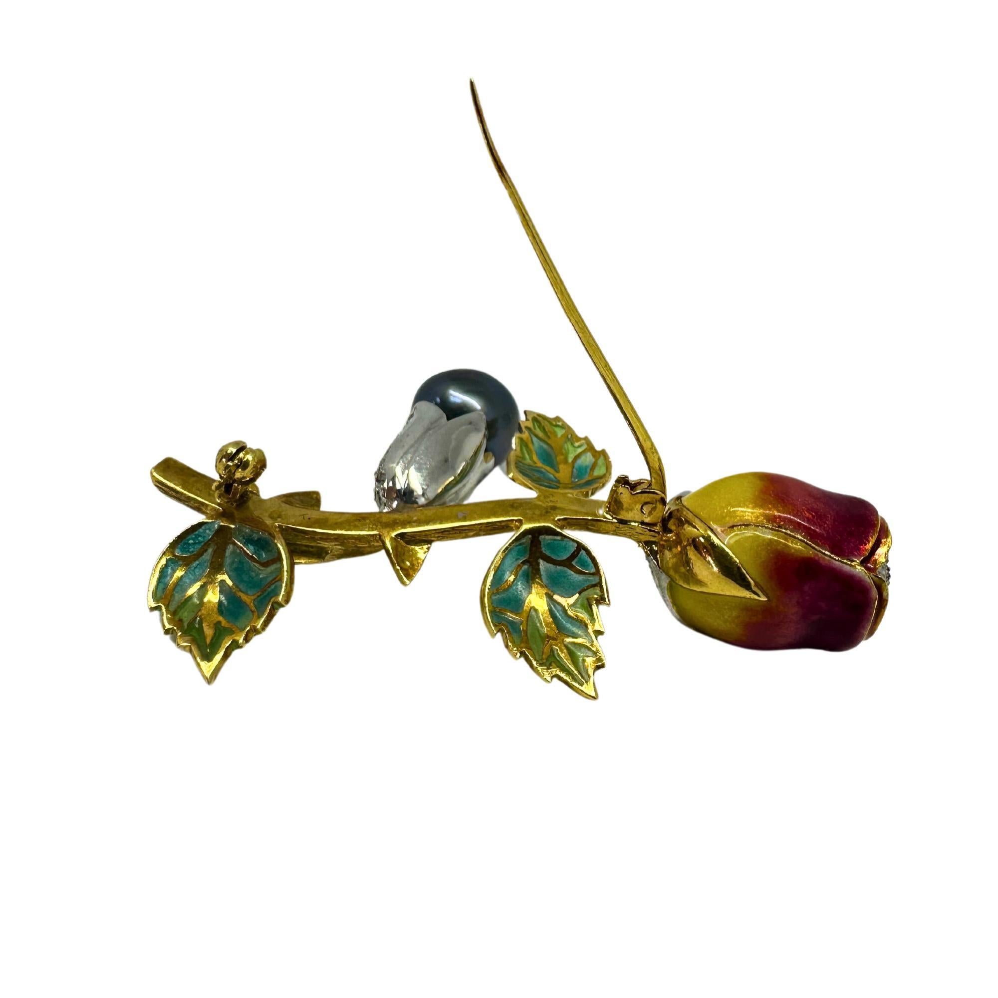 Women's 18K Diamond, Enamel and Pearl Rose Flower Brooch For Sale