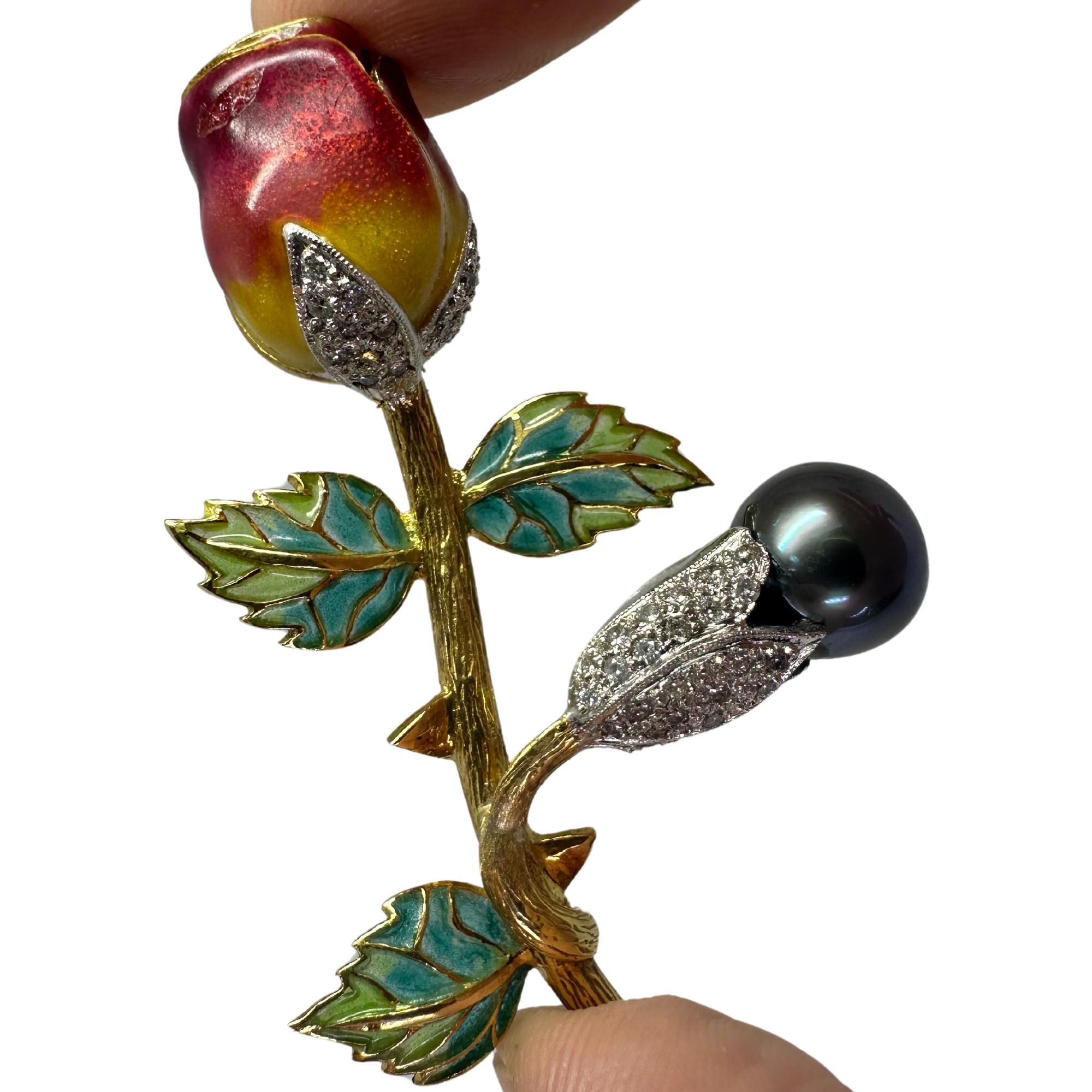 18K Diamond, Enamel and Pearl Rose Flower Brooch For Sale 1
