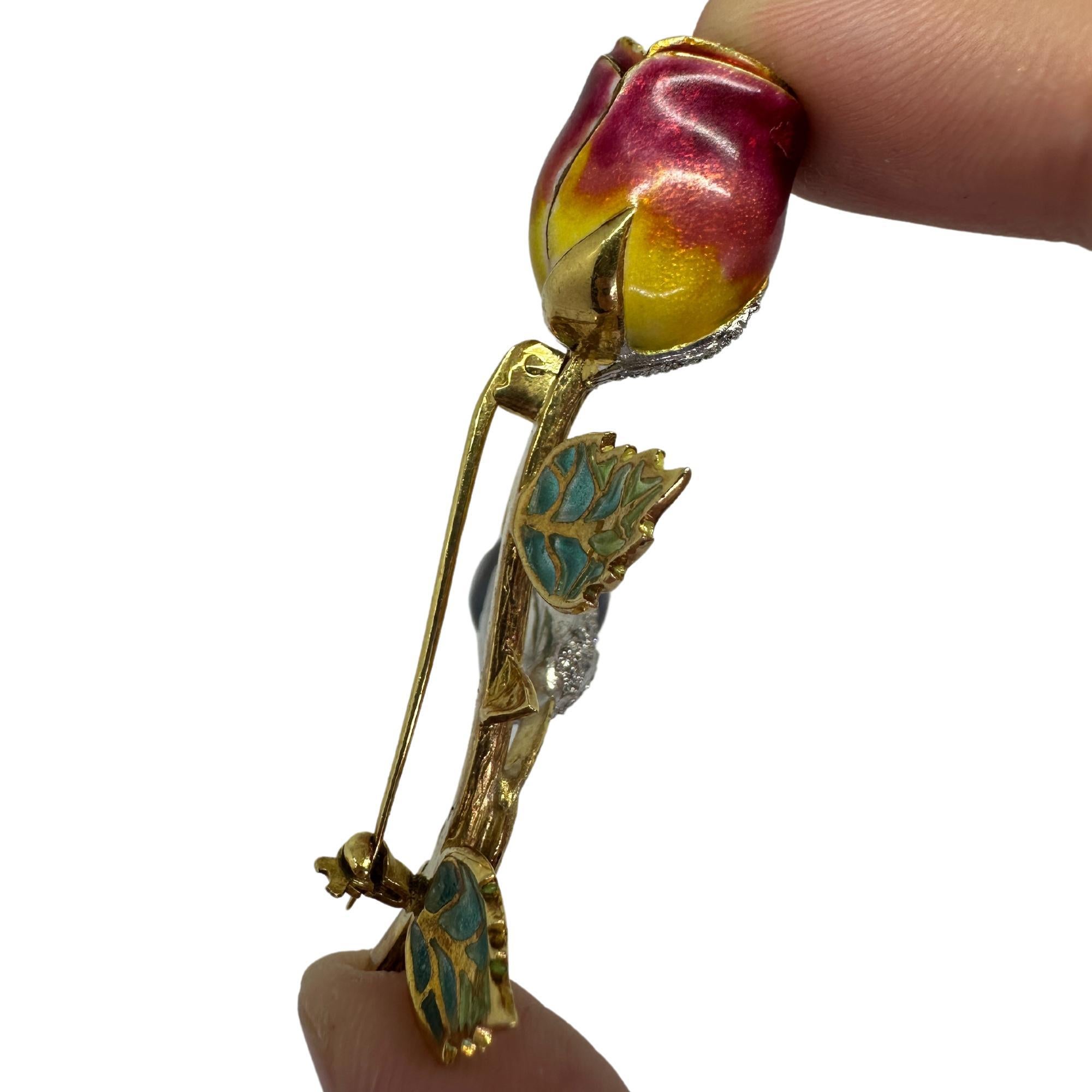 18K Diamond, Enamel and Pearl Rose Flower Brooch For Sale 2