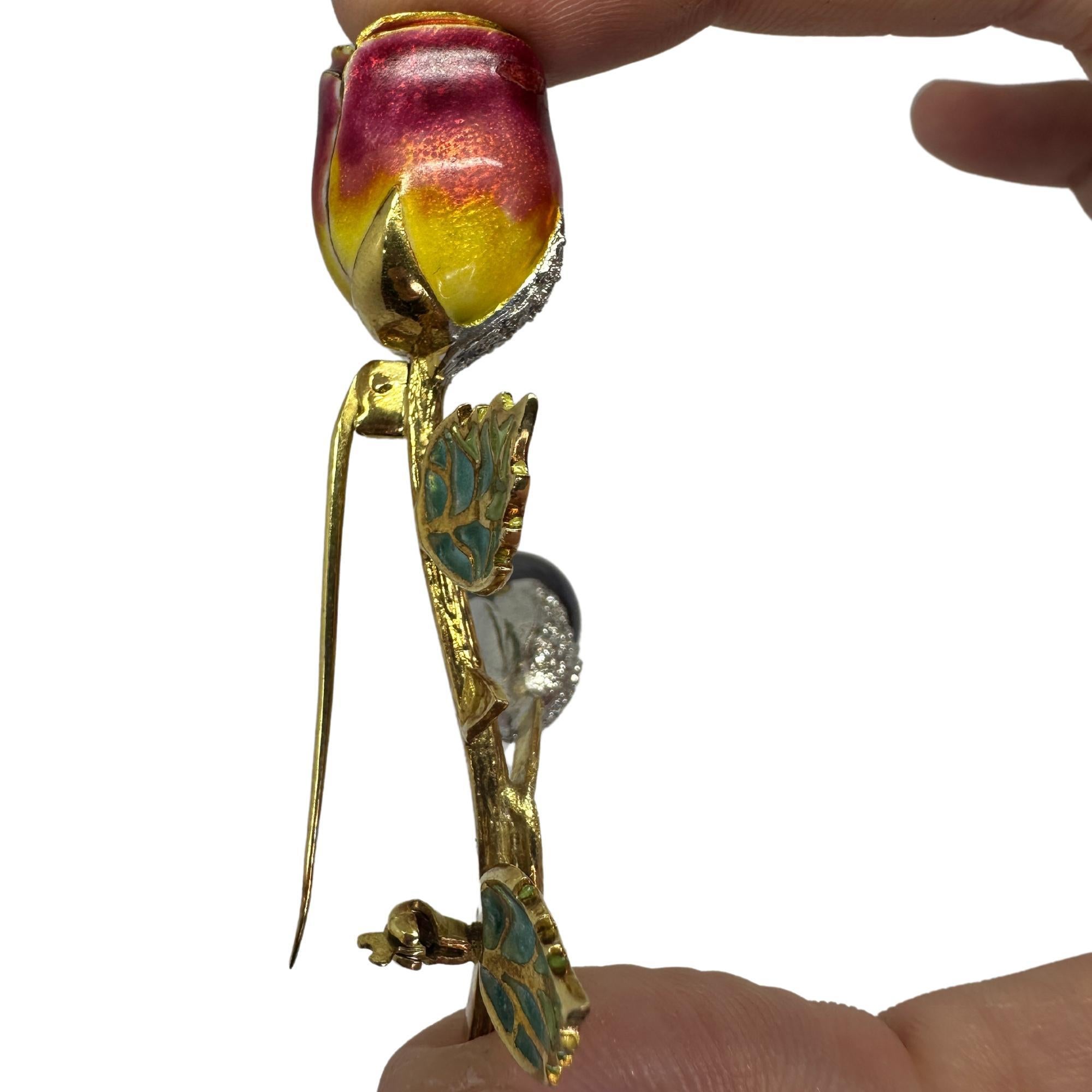 18K Diamond, Enamel and Pearl Rose Flower Brooch For Sale 3