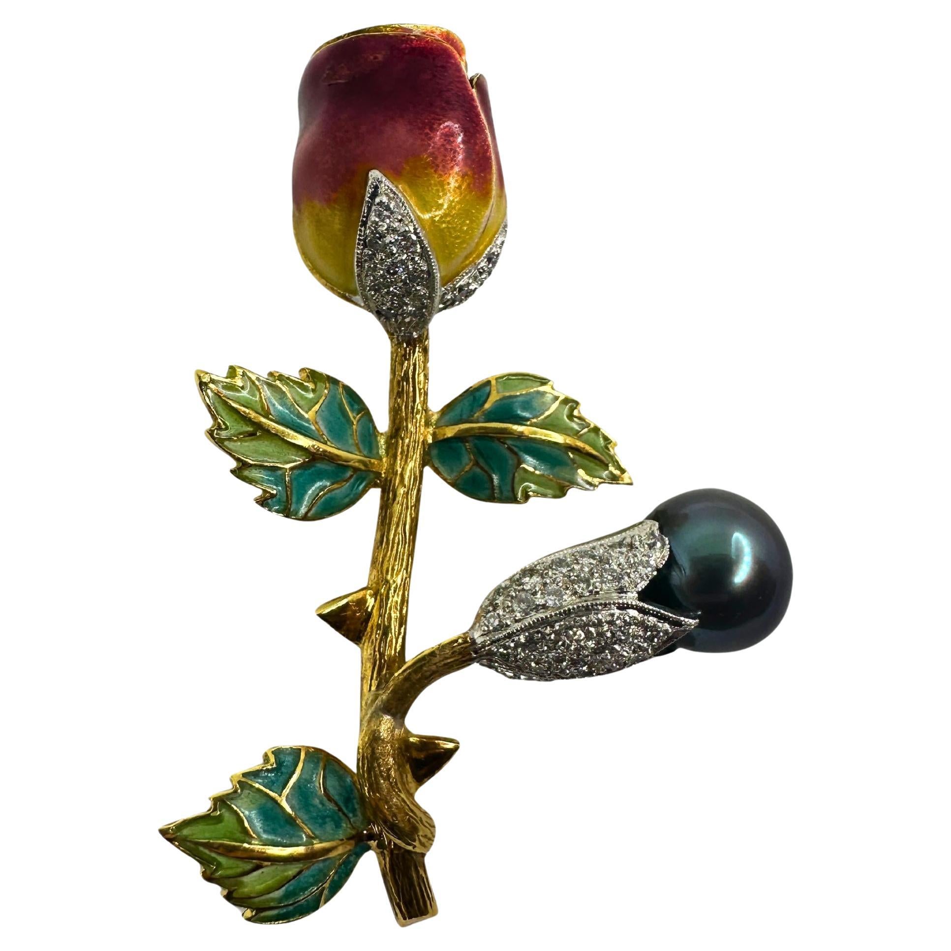18K Diamond, Enamel and Pearl Rose Flower Brooch