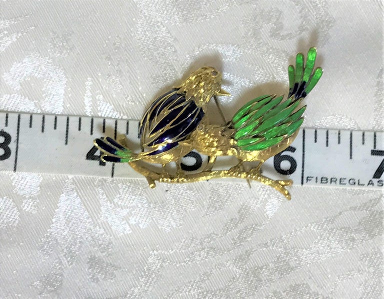 Broche En Or 18 Carats - Oiseau En émail Avec Diamants Et Saphir - Poids 20,50 G - Occasion