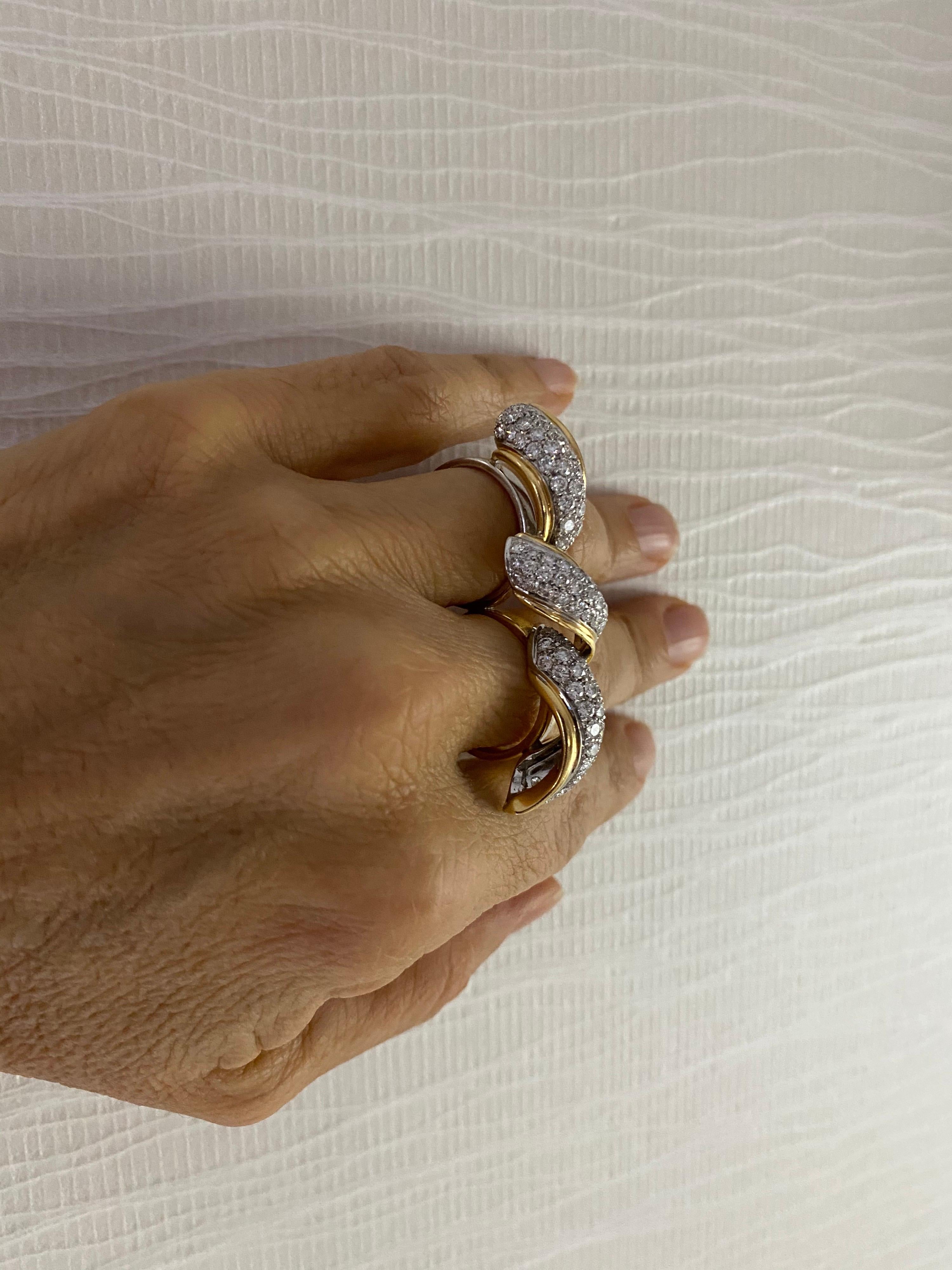 Brilliant Cut 18 Karat Diamond Encrusted Two Finger Bow Ring
