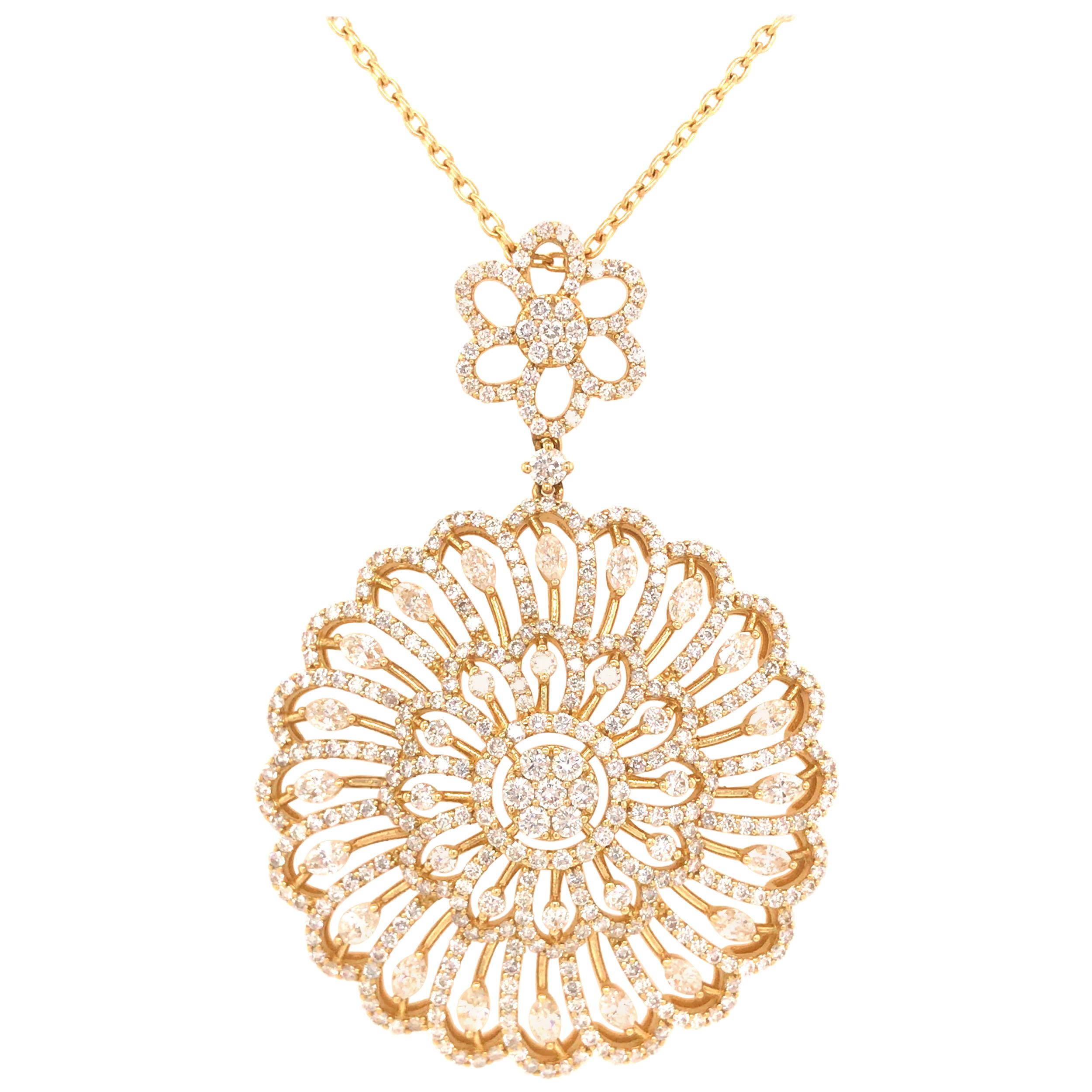 18K Diamond Flower and Drop Pendant on Diamond by The Yard Chain Yellow Gold For Sale