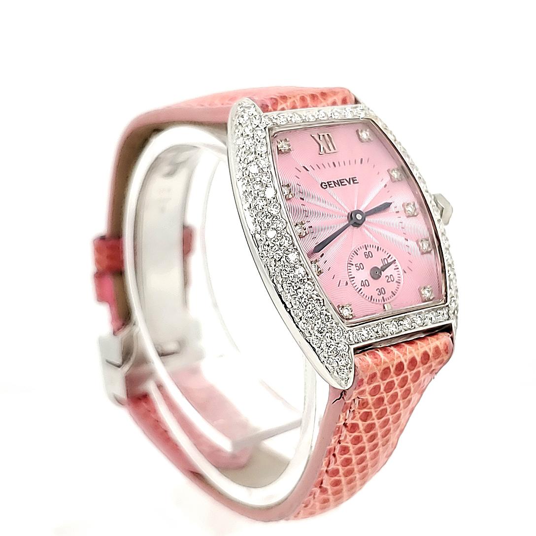 18 Karat Diamond Geneve Watch White Gold Pink Leather Band In Good Condition In Boca Raton, FL