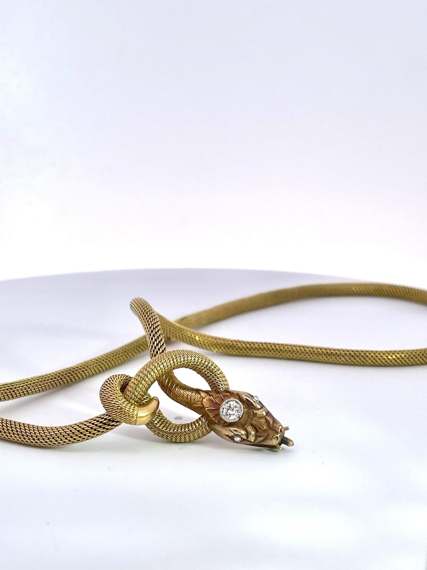 18K Diamond Head Snake Necklace circa 1900 4