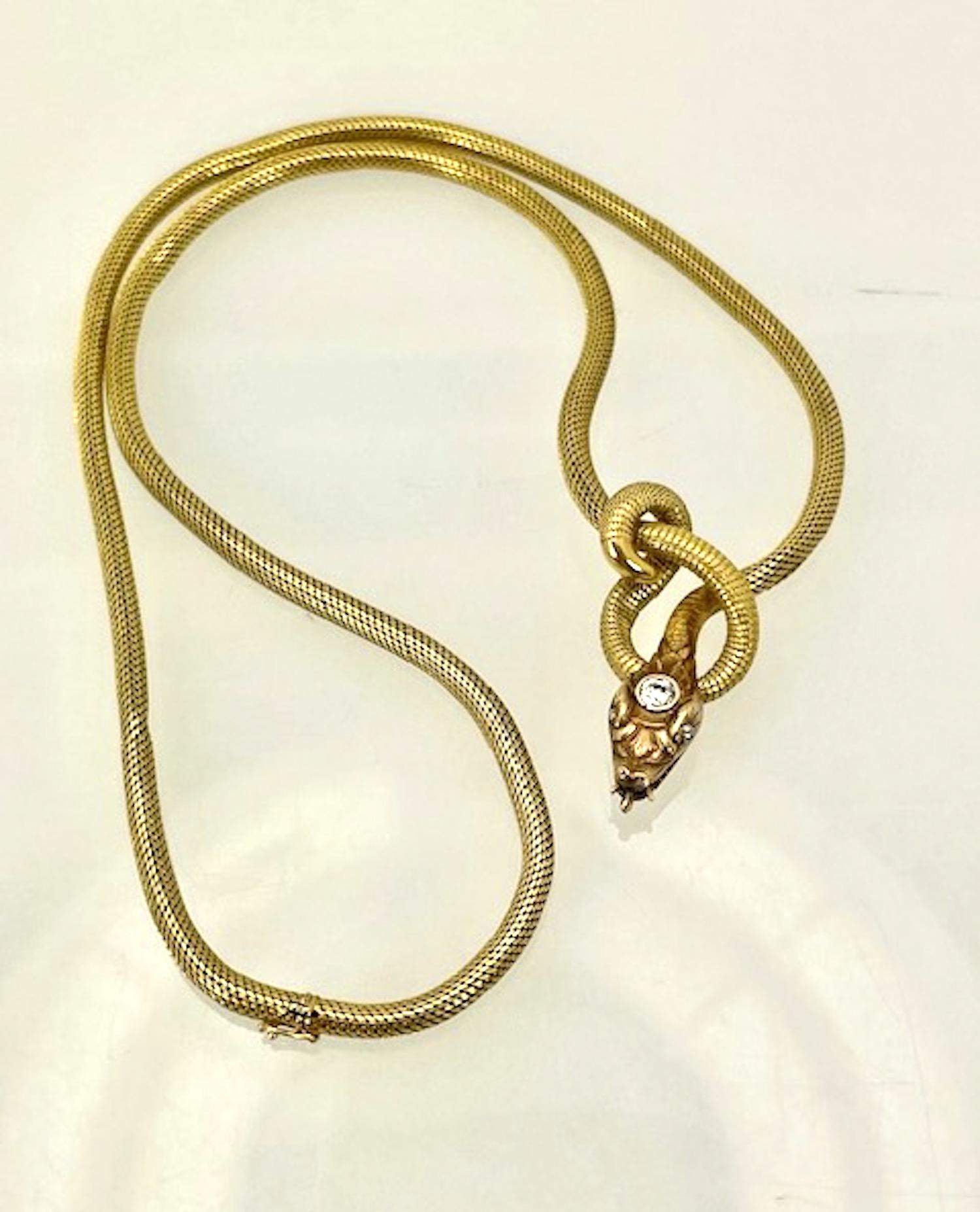 Round Cut 18K Diamond Head Snake Necklace circa 1900