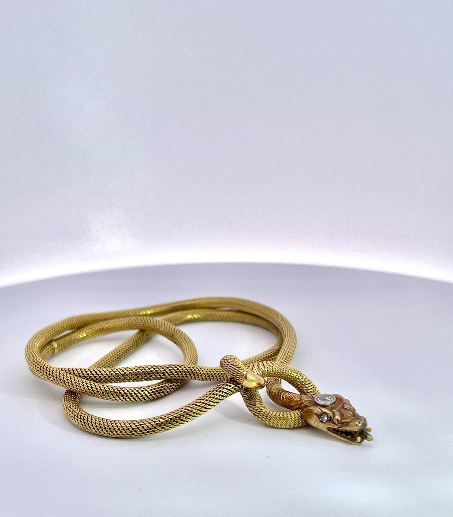 18K Diamond Head Snake Necklace circa 1900 In Good Condition In North Hollywood, CA
