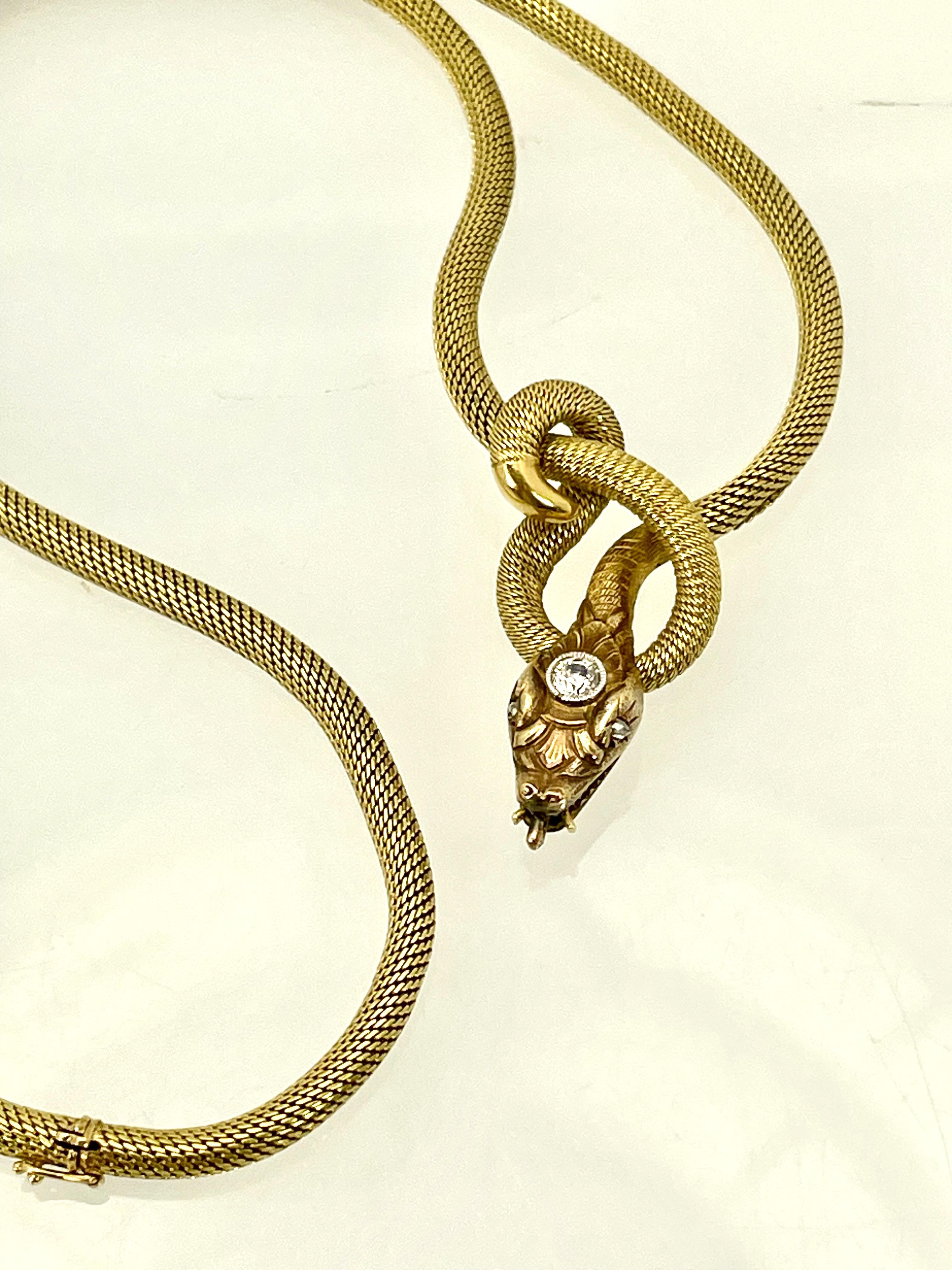 Women's or Men's 18K Diamond Head Snake Necklace circa 1900