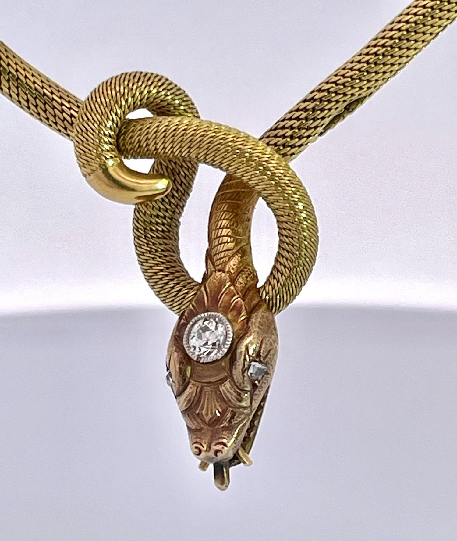 18K Diamond Head Snake Necklace circa 1900 1
