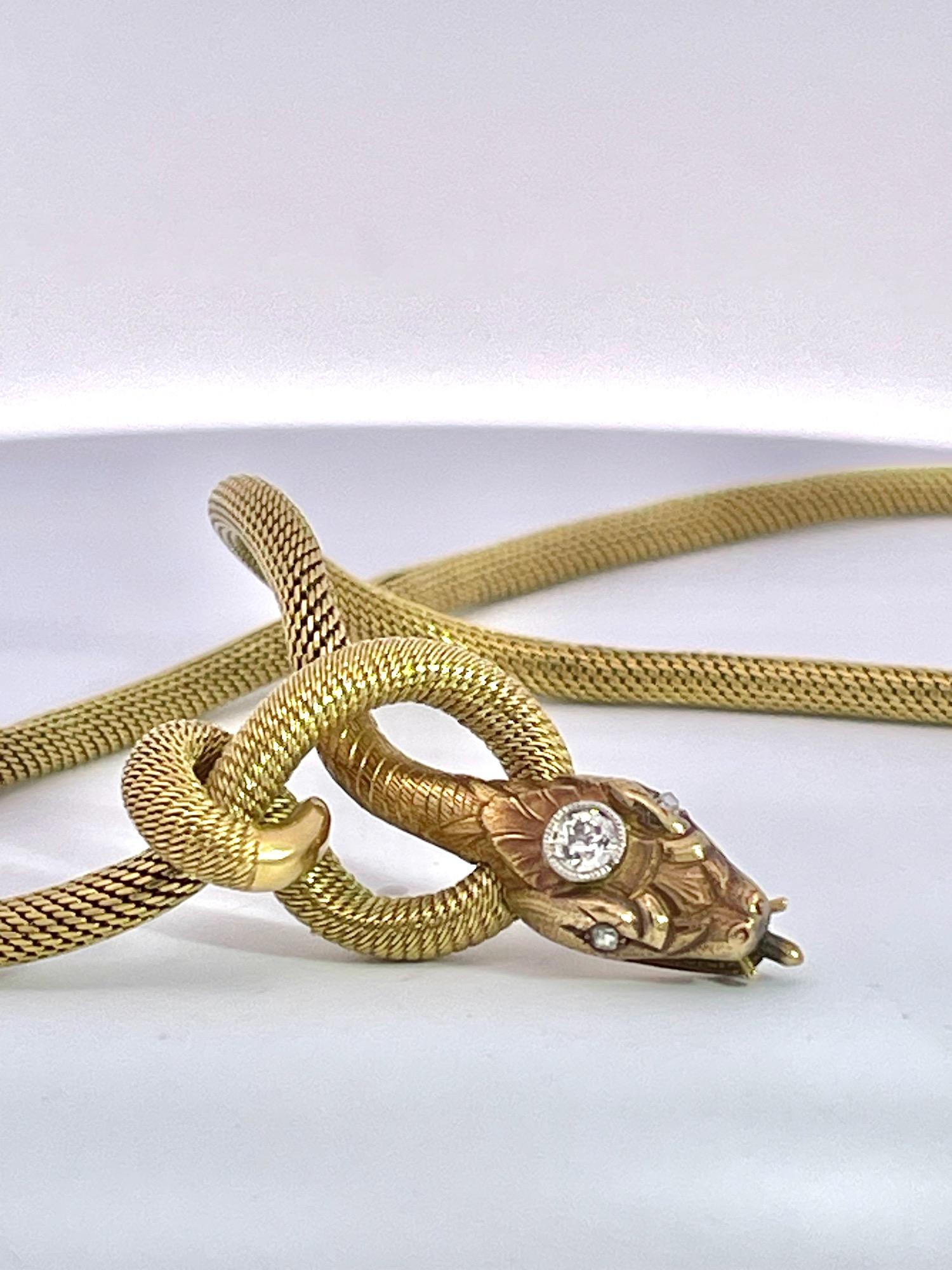 18K Diamond Head Snake Necklace circa 1900 2