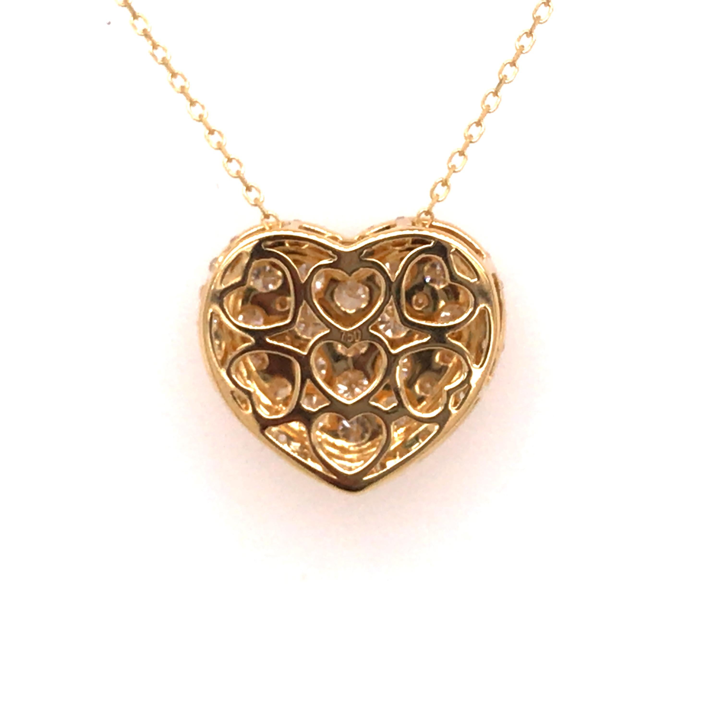 Women's 18K Diamond Heart Cluster Pendant Yellow Gold For Sale