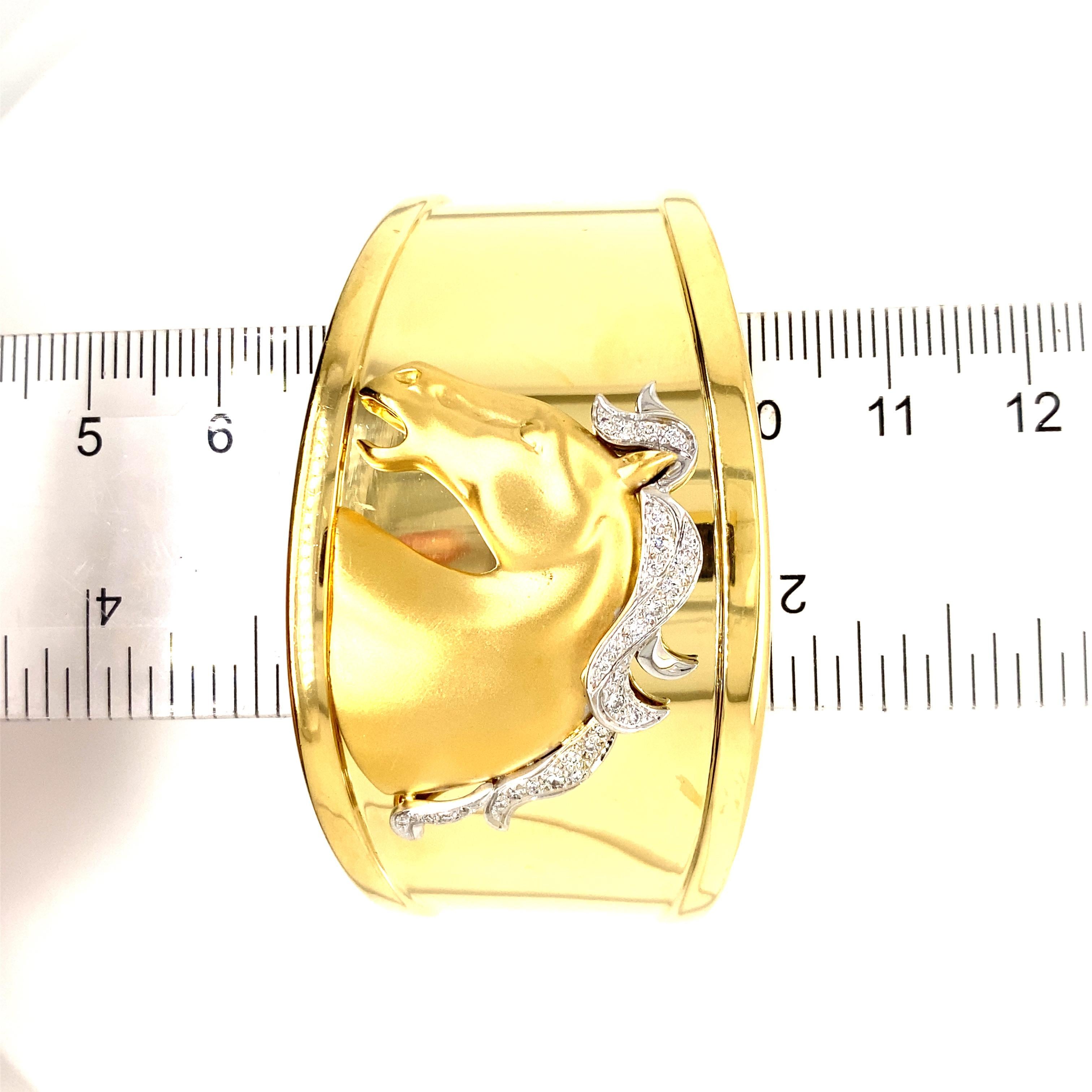 Women's 18K Diamond Horse Bangle Cuff Bracelet Yellow Gold For Sale