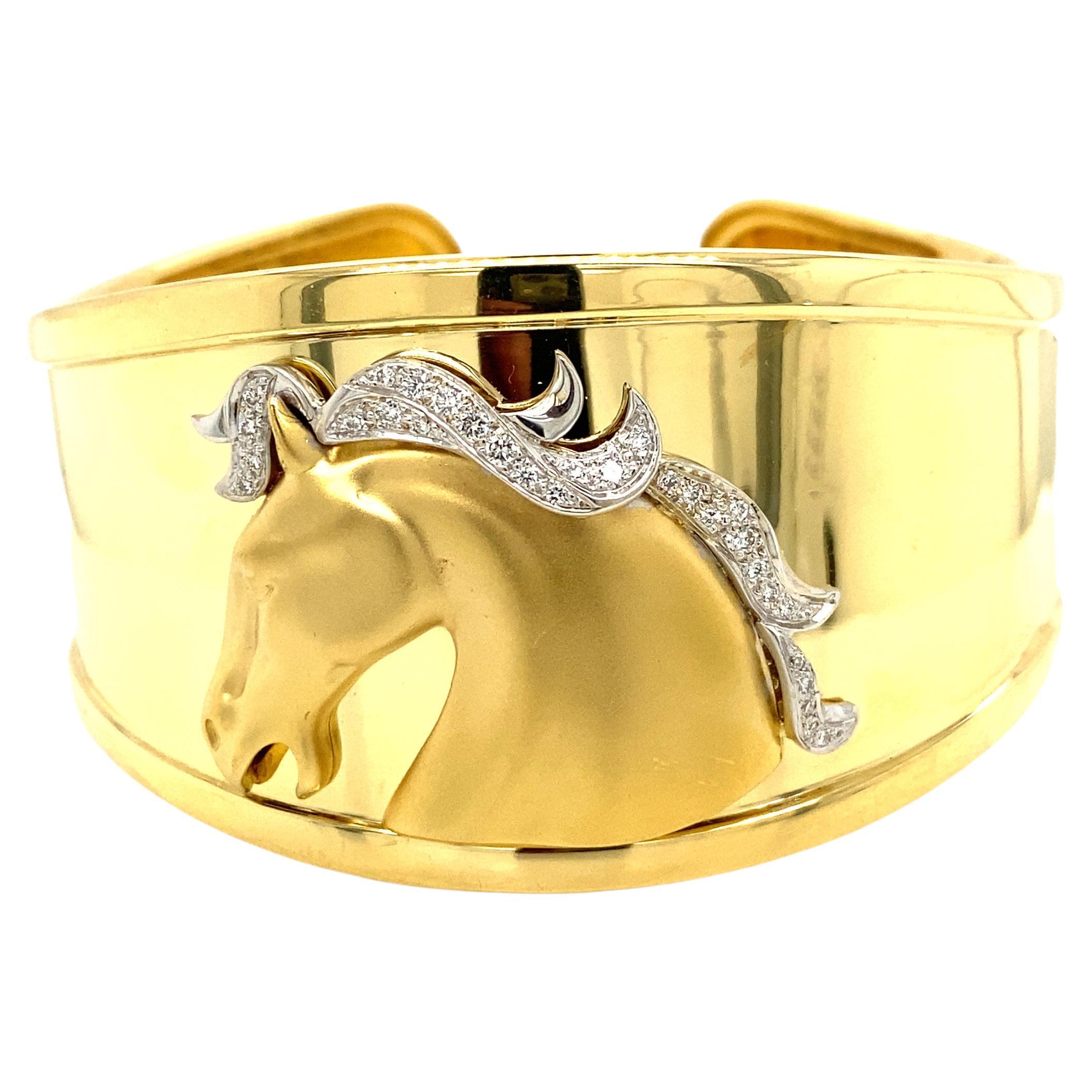 18K Diamond Horse Bangle Cuff Bracelet Yellow Gold For Sale