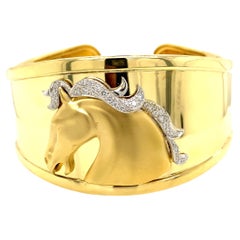18K Diamond Horse Bangle Cuff Bracelet Yellow Gold