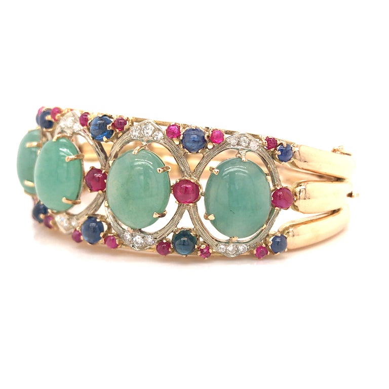 Oval Cut 18K Diamond, Jade, Sapphire, Ruby Bangle Bracelet Yellow Gold For Sale