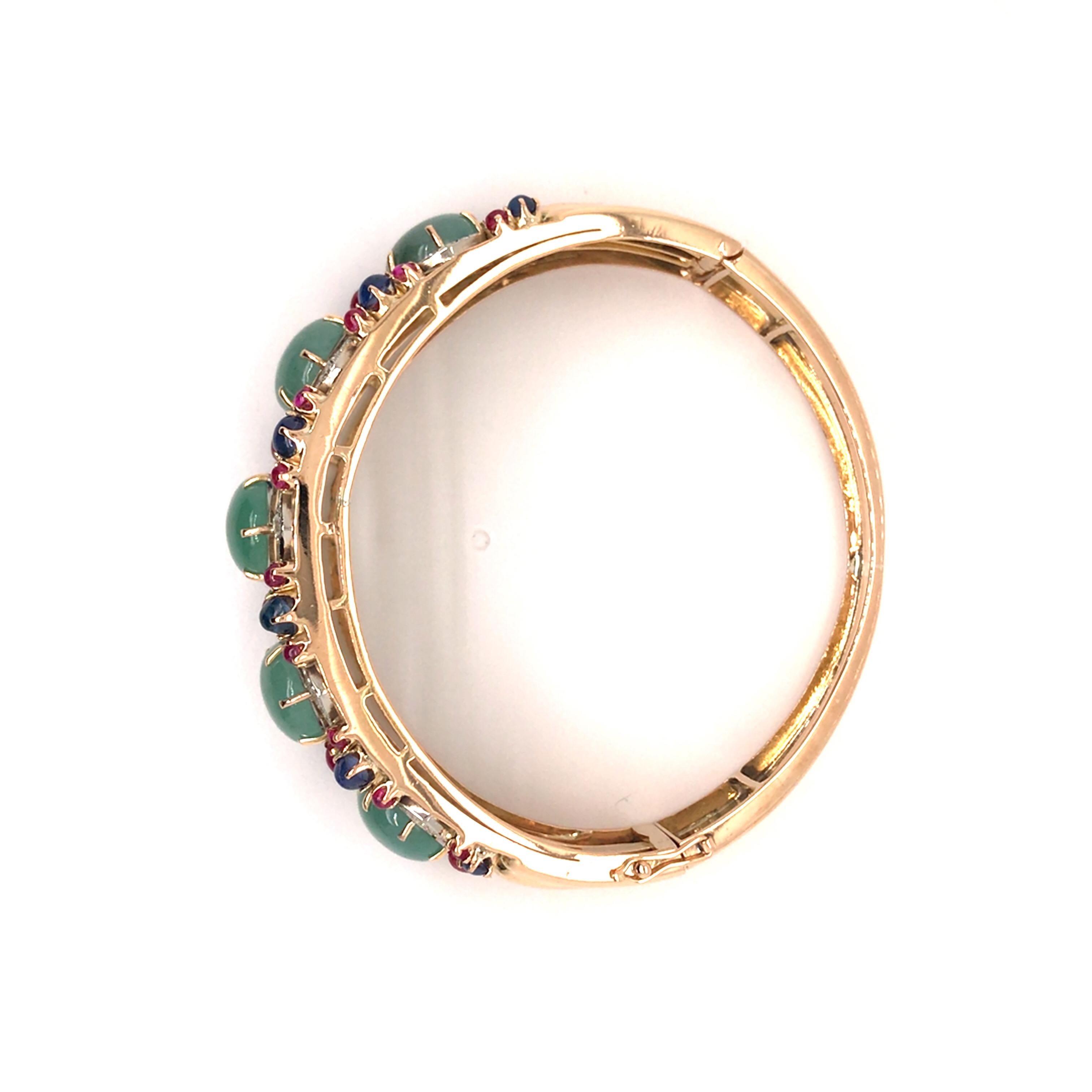 18K Diamond, Jade, Sapphire, Ruby Bangle Bracelet Yellow Gold For Sale 1