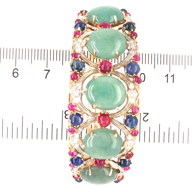 18K Diamond, Jade, Sapphire, Ruby Bangle Bracelet Yellow Gold For Sale 4