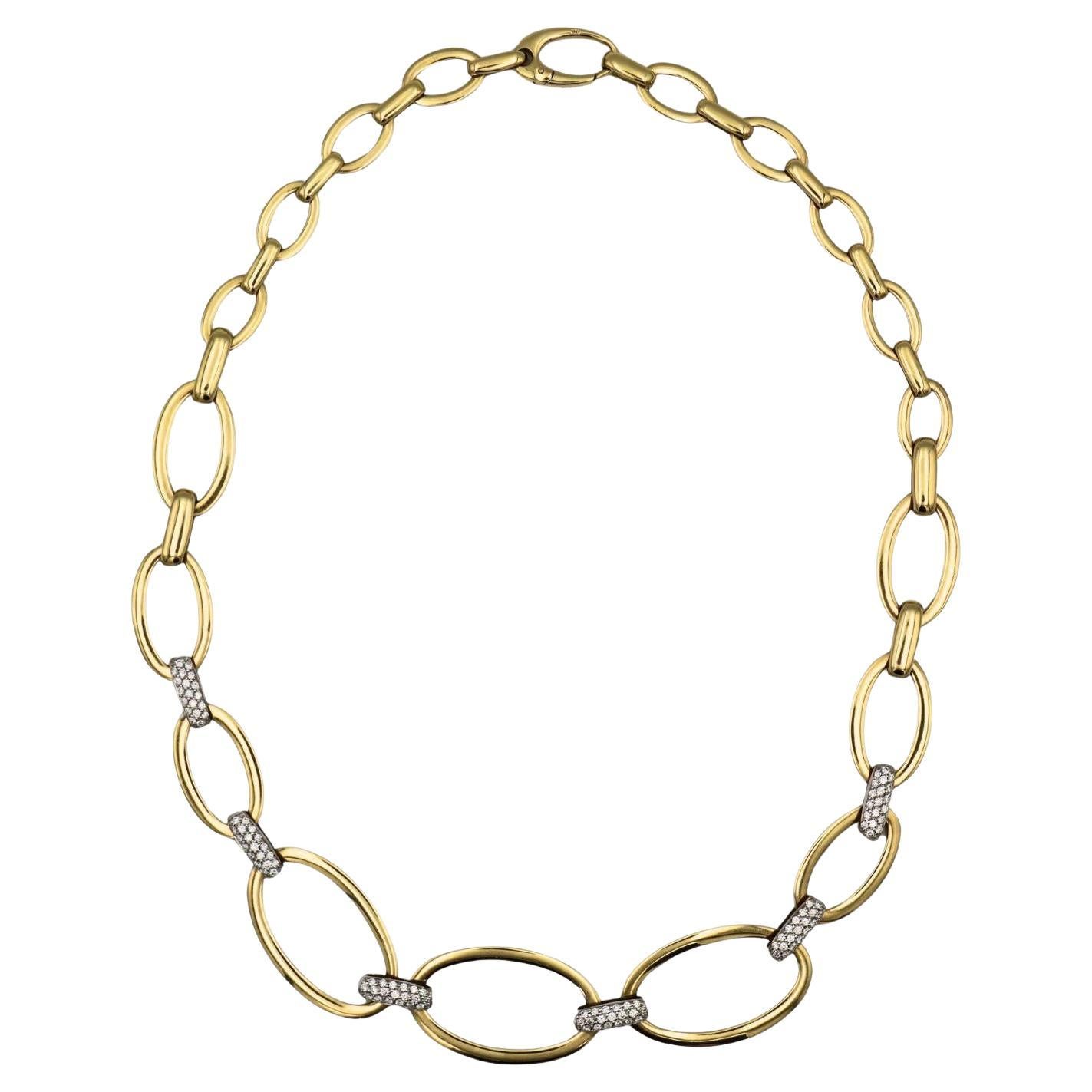 18K Diamond Link Necklace Graduated Oval Link 17.5" ~1.05ct Diamonds Yellow Gold For Sale