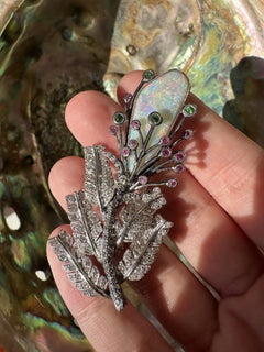 18K Diamond, Multi Sapphire and Opal Brooch