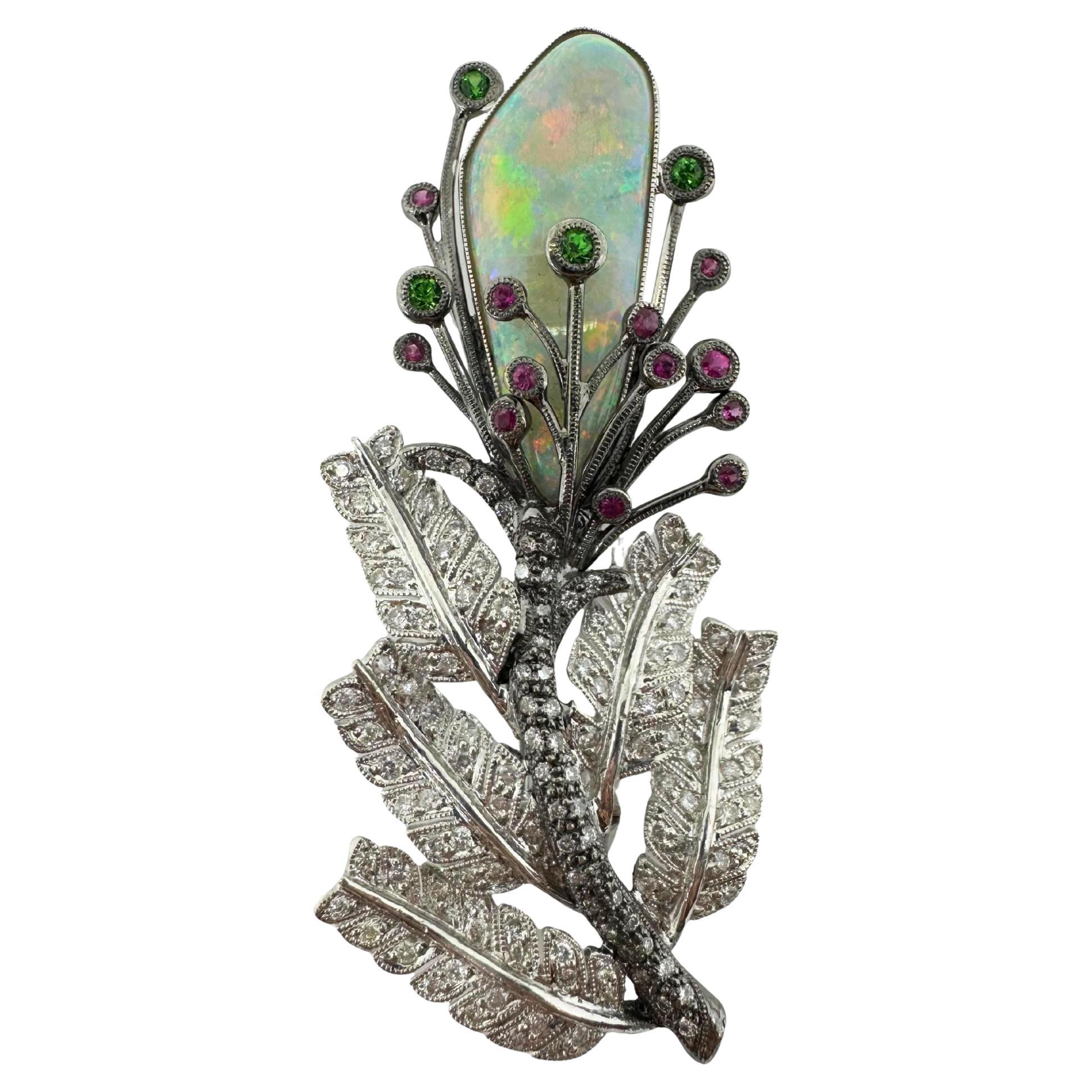 Broche en diamant, saphir multiple et opale 18K