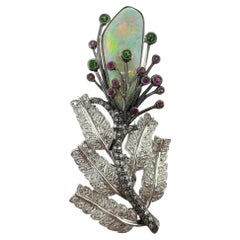 18K Diamond, Multi Sapphire and Opal Brooch