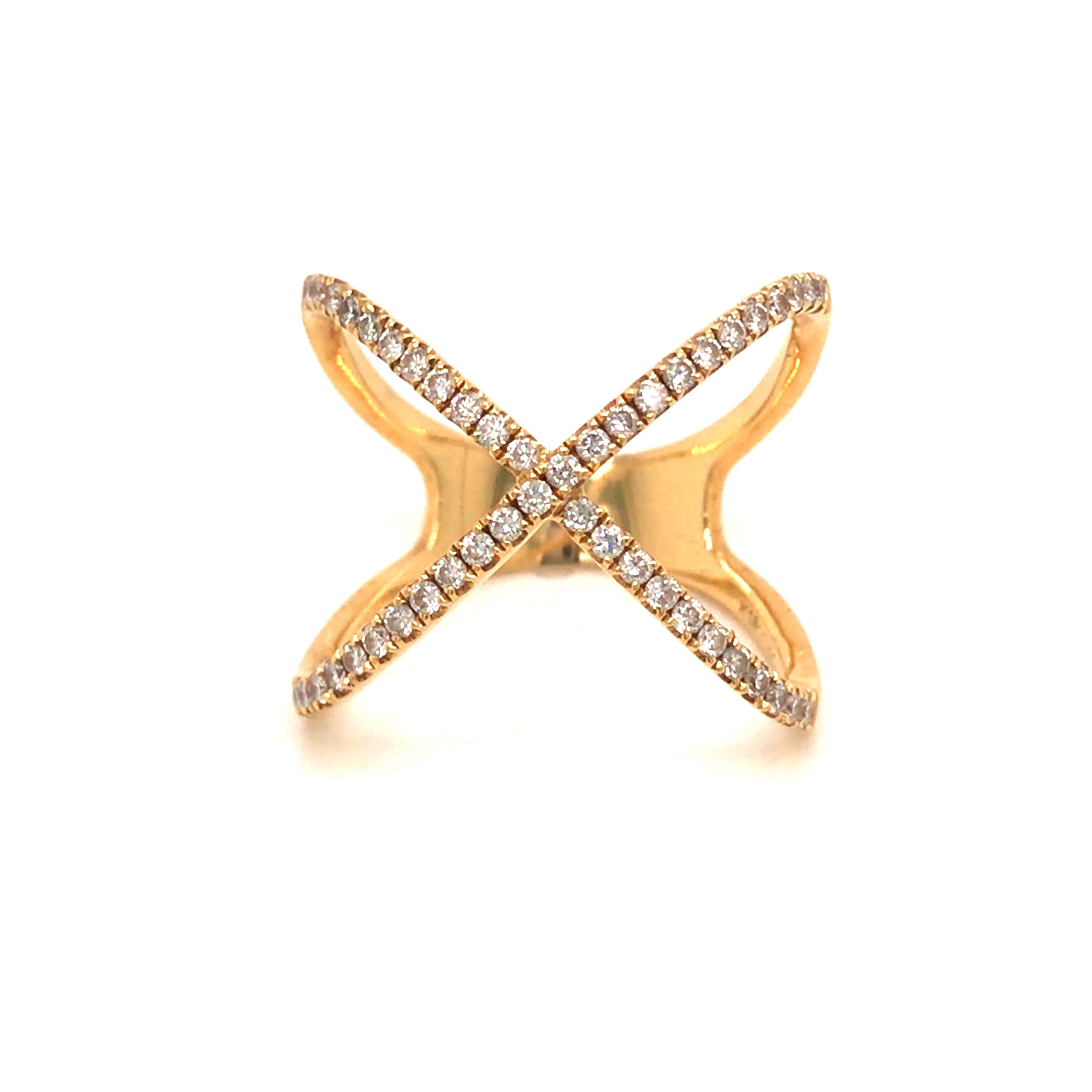 Diamond Open Space 'X' Ring in 18K Yellow Gold.  (46) Round Brilliant Cut Diamonds weighing 0.38 carat total weight, G-H in color and VS-SI in clarity are expertly set.  The Ring measures 3/4 inch in width at the widest point.   Ring size 8. 5.28