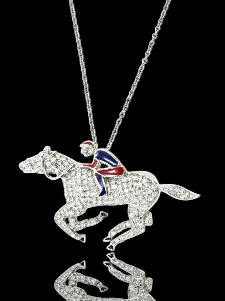 18K Diamond Pave and Enamel Jockey and Horse Pendant/Brooch For Sale 4