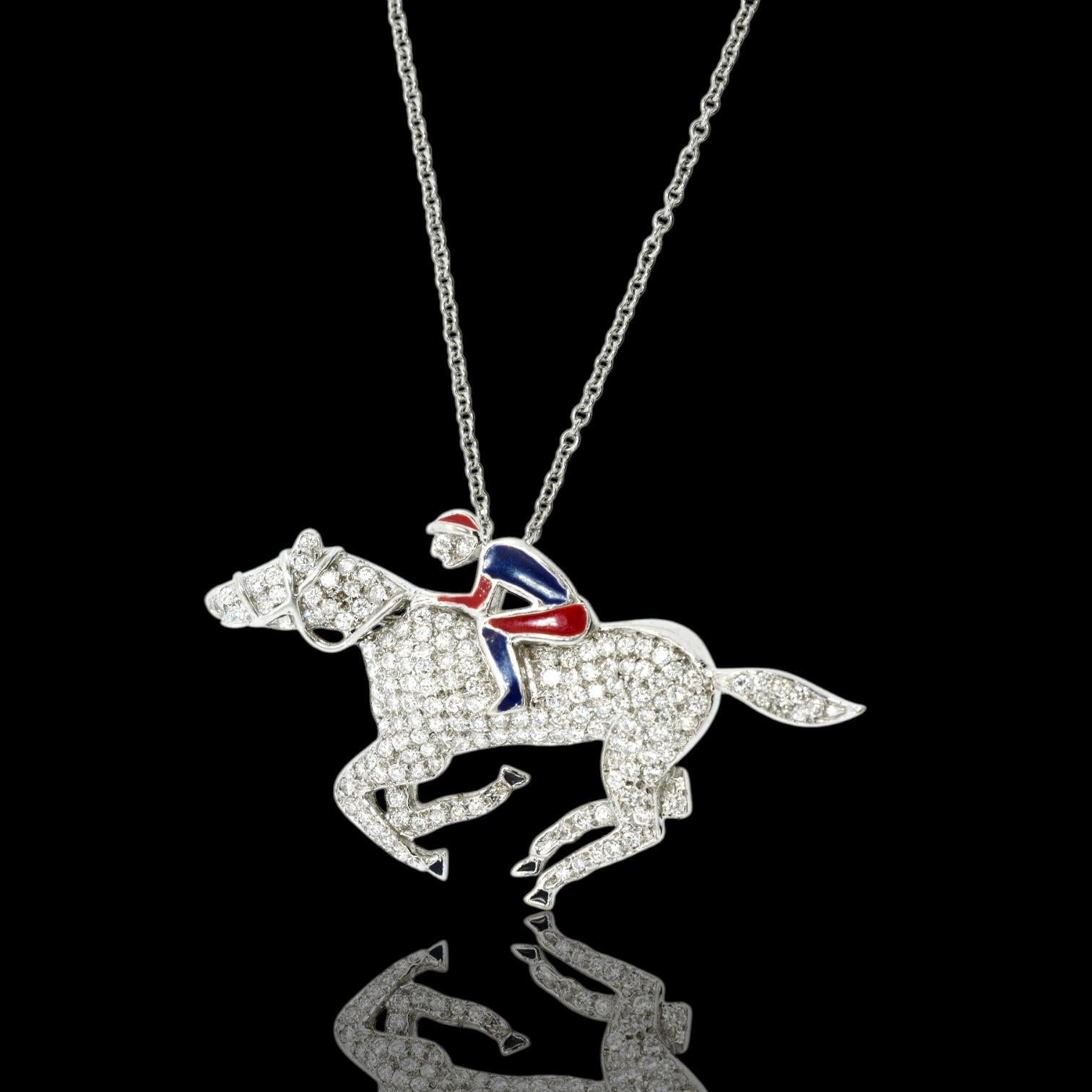 Contemporary 18K Diamond Pave and Enamel Jockey and Horse Pendant/Brooch For Sale