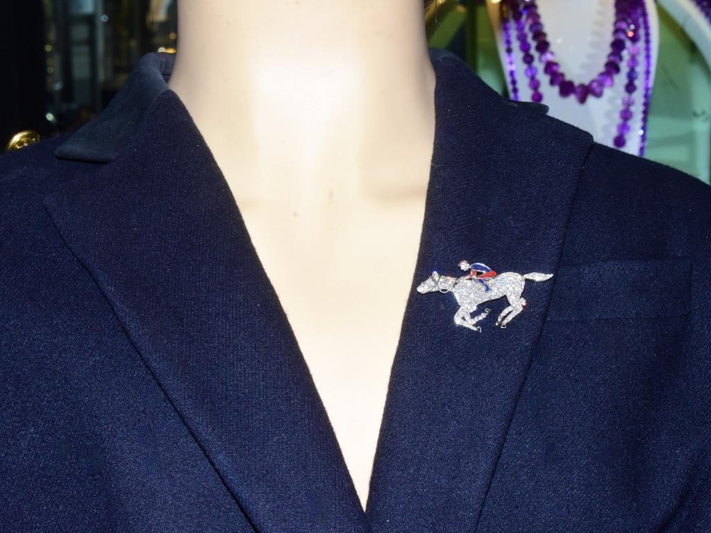 Brilliant Cut 18K Diamond Pave and Enamel Jockey and Horse Pendant/Brooch For Sale