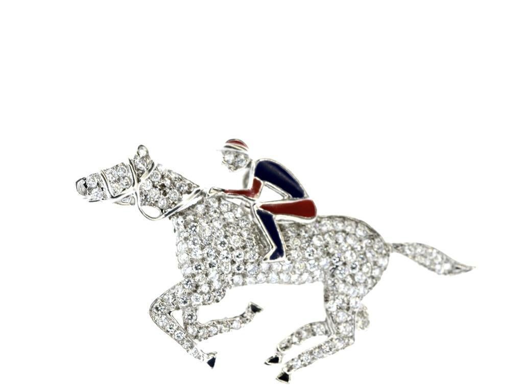 18K Diamond Pave and Enamel Jockey and Horse Pendant/Brooch In Excellent Condition For Sale In Aspen, CO
