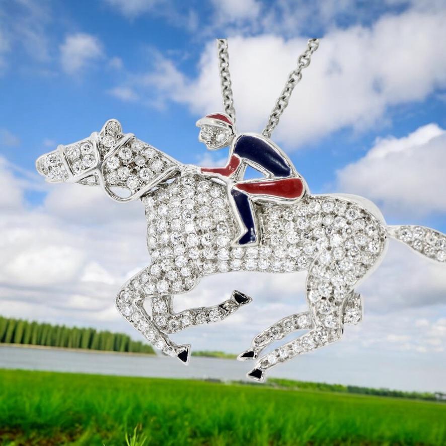 Women's or Men's 18K Diamond Pave and Enamel Jockey and Horse Pendant/Brooch For Sale