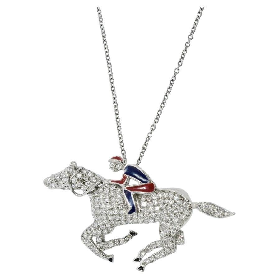 18K Diamond Pave and Enamel Jockey and Horse Pendant/Brooch