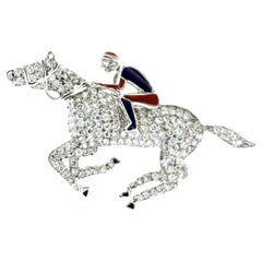 18K Diamond Pave and Enamel Jockey and Horse Pendant/Brooch