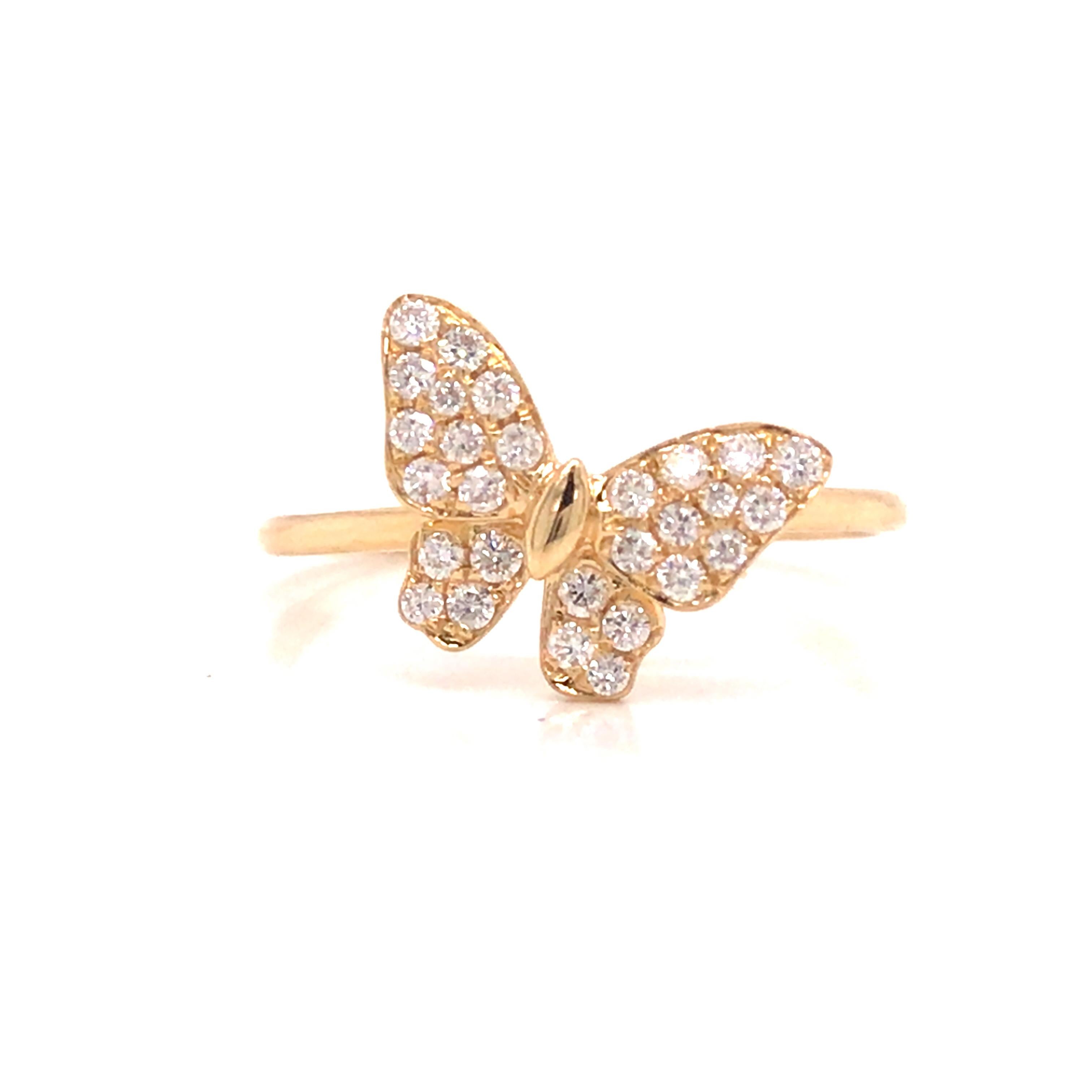 Diamond Pave Butterfly Ring in 18K Yellow Gold.  (28) Round Brilliant Cut Diamonds weighing 0.25 carat total weight, G-H in color and VS-SI in clarity are expertly set.  The Ring measures 3/8 inch in length and 1/2 inch in width.  Ring size 6.  1.86