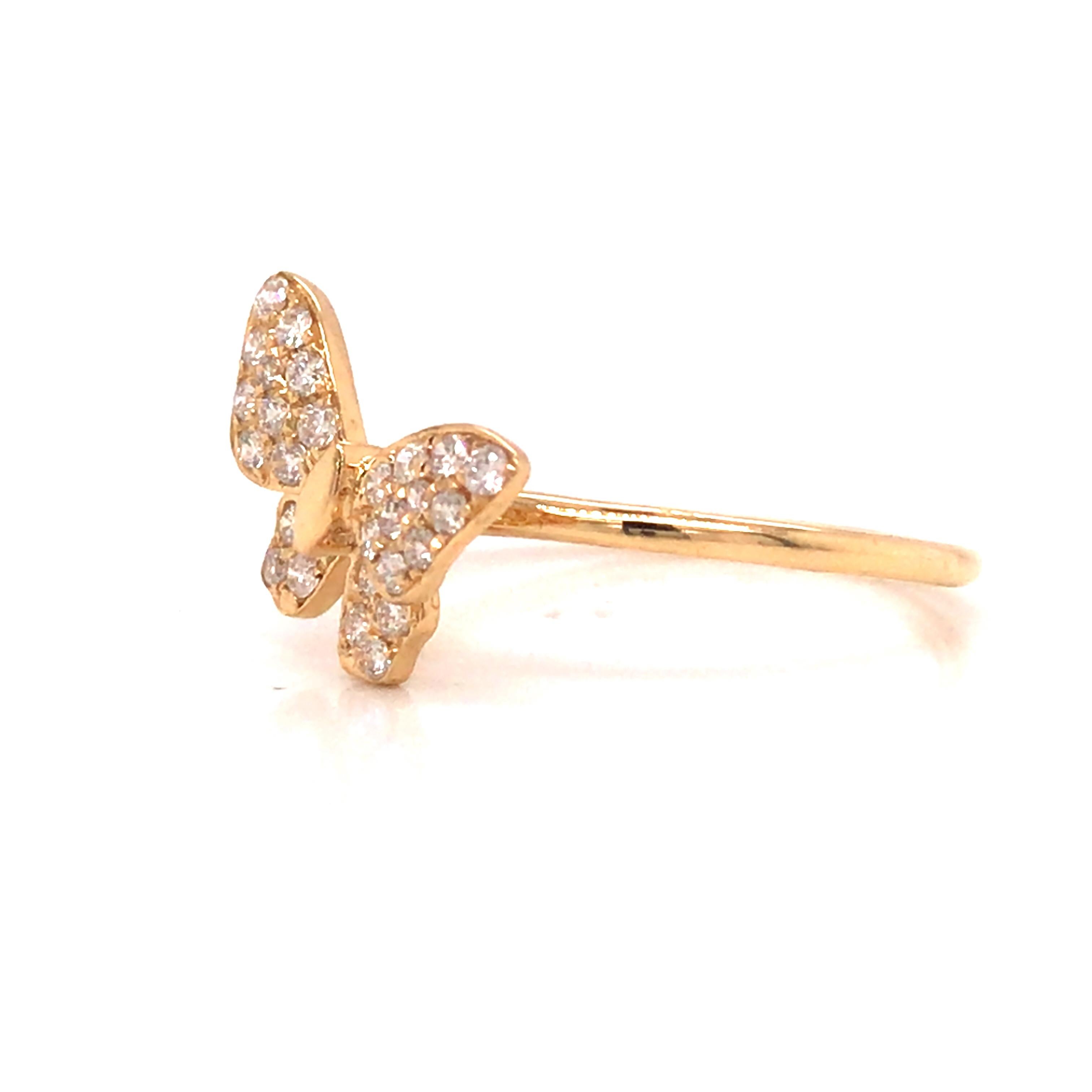 Round Cut 18K Diamond Pave Butterfly Ring Yellow Gold For Sale