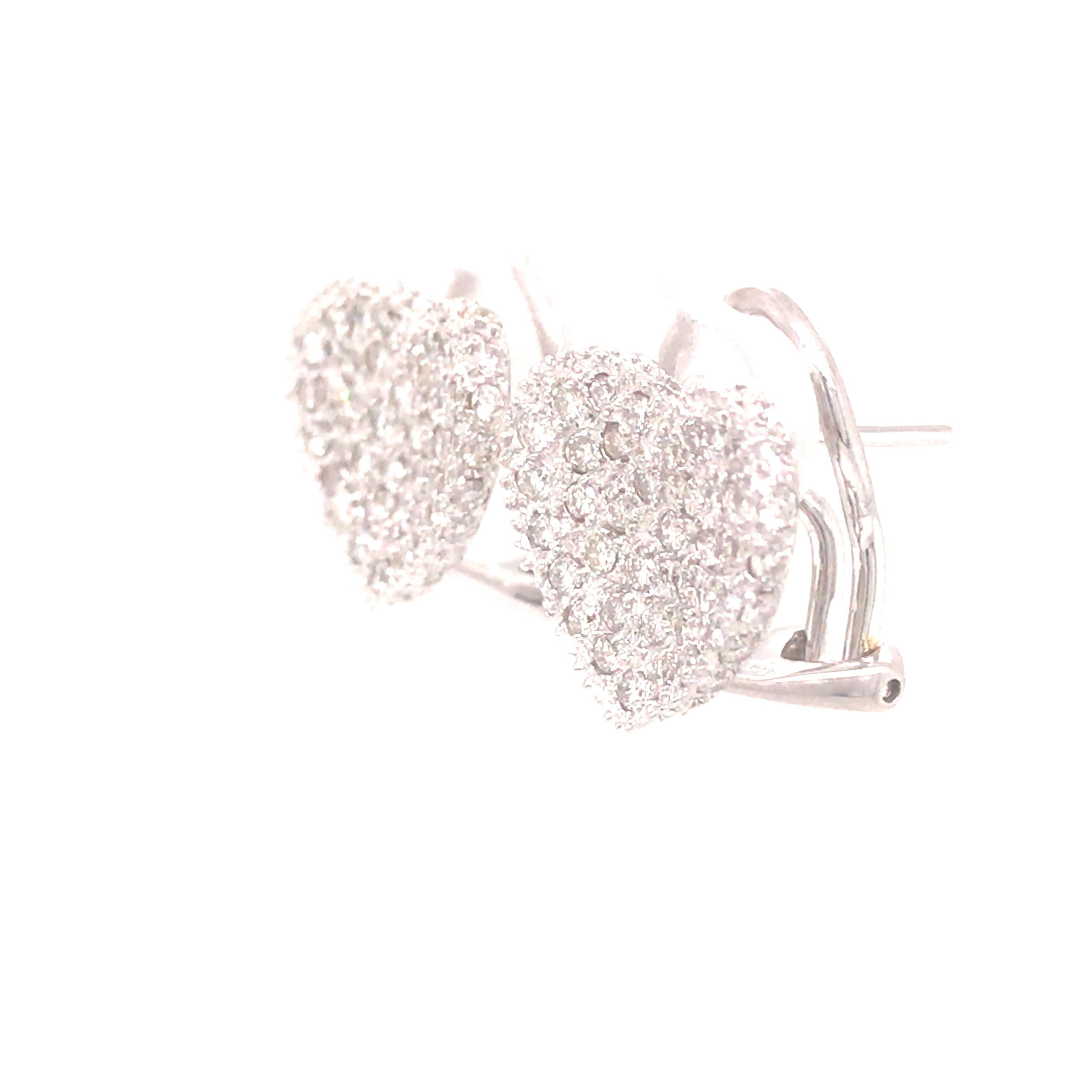 Round Cut 18K Diamond Pave Heart Earrings White Gold For Sale