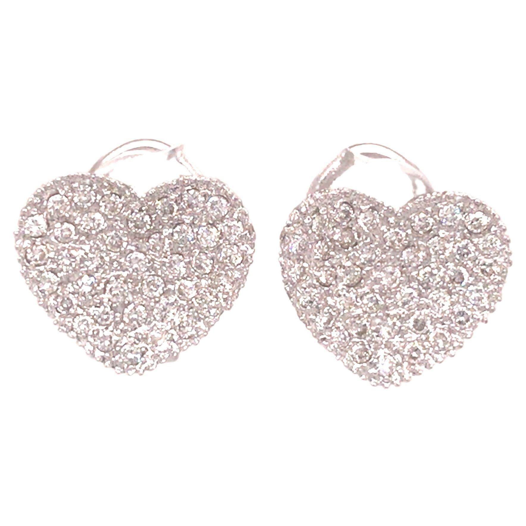 18K Diamond Pave Heart Earrings White Gold For Sale