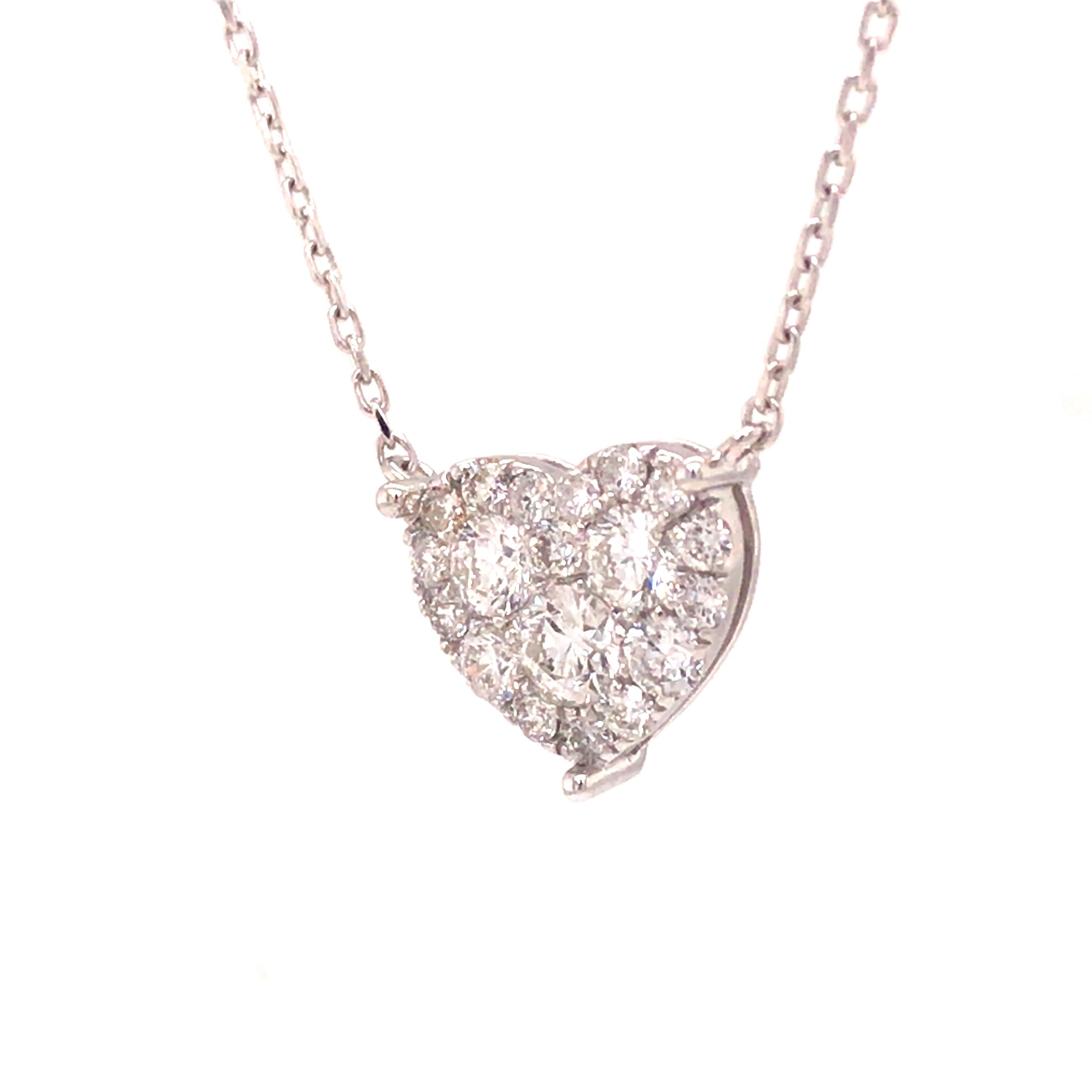 Round Cut 18K Diamond Pave Heart Necklace White Gold