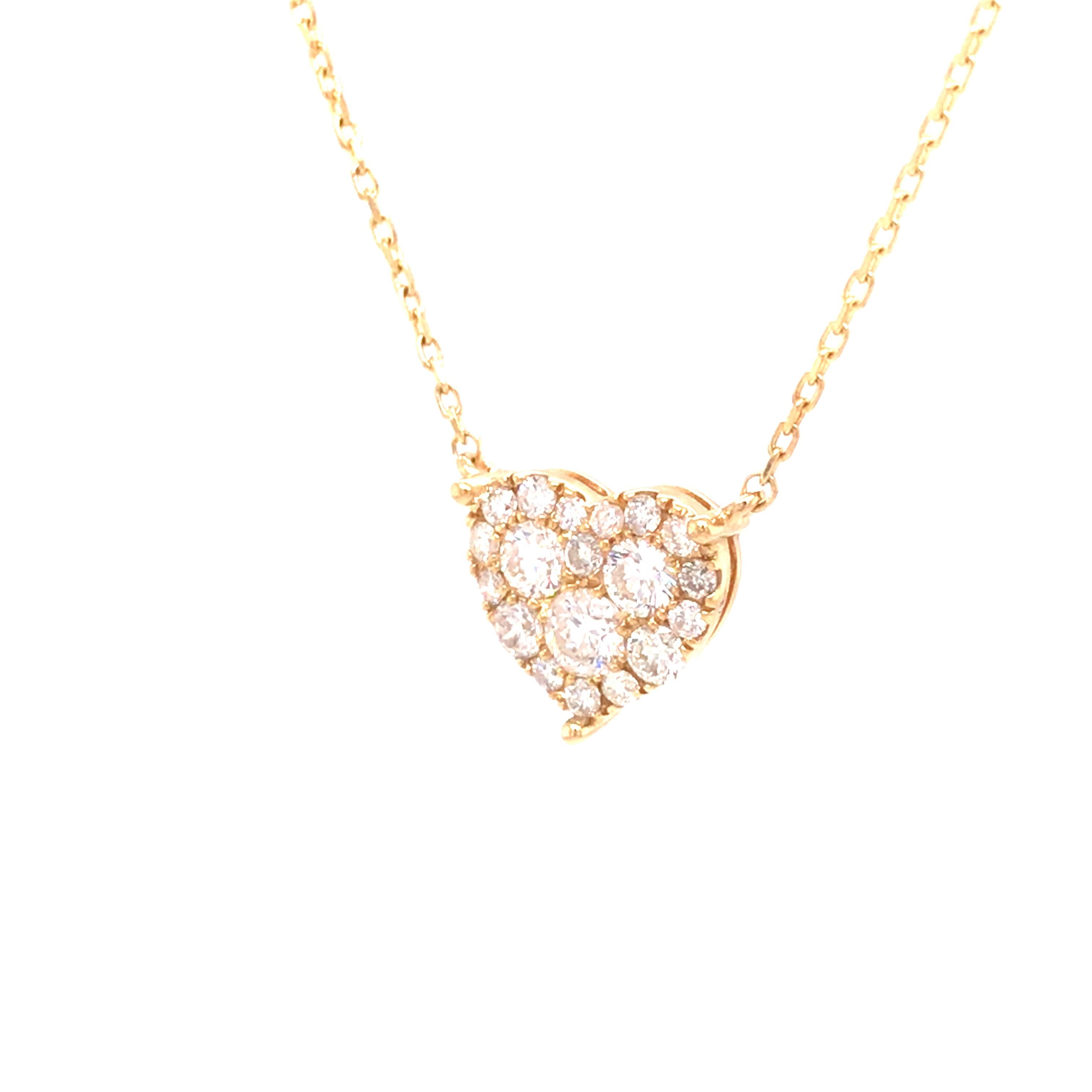 Round Cut 18K Diamond Pave Heart Necklace Yellow Gold
