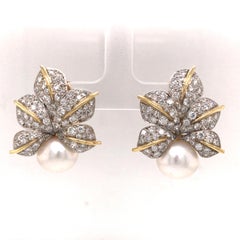 18K Diamond Pave Leaf and Pearl Earrings Two-Tone Gold