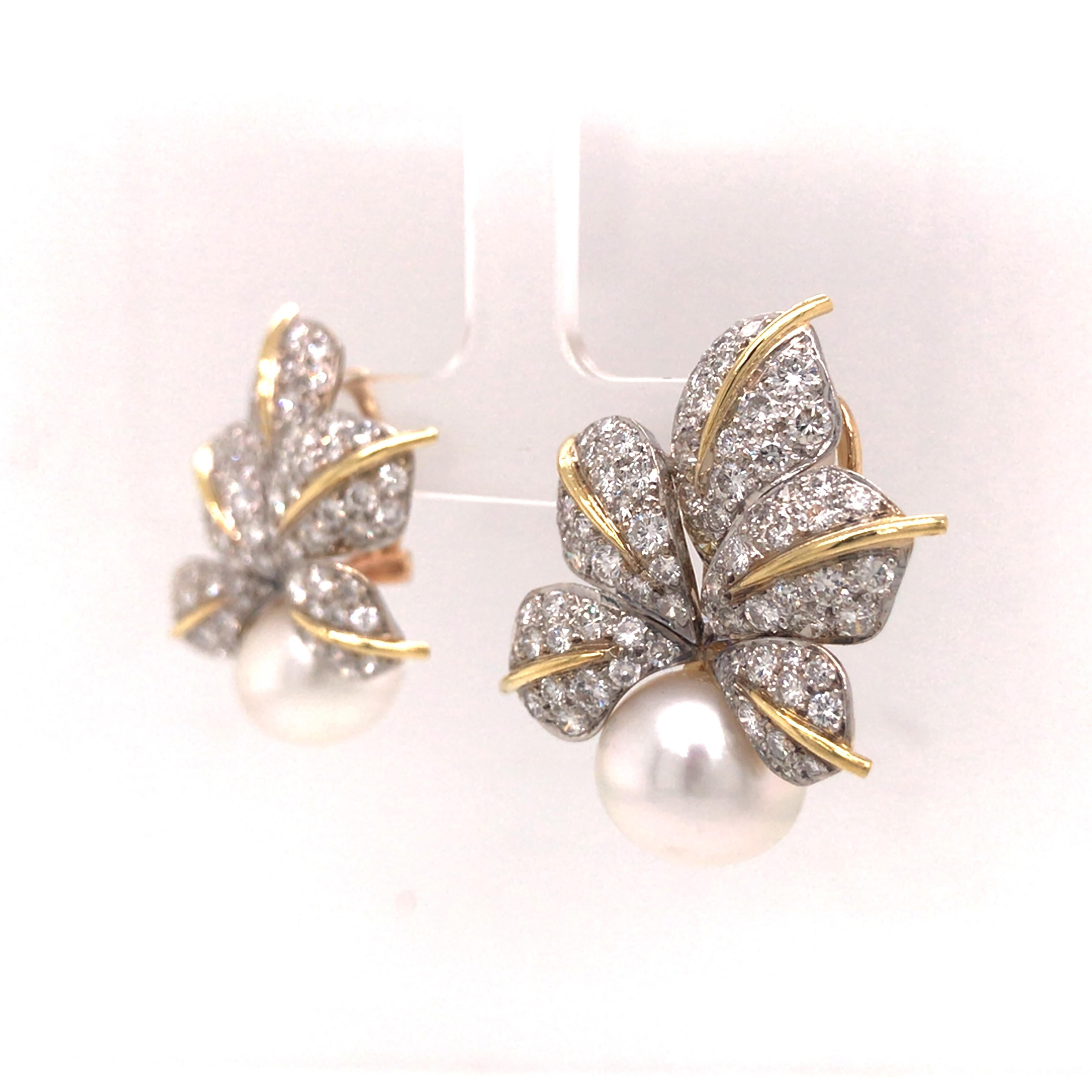 18K Diamond Pave Leaf and Pearl Earrings Two-Tone Gold In Good Condition In Boca Raton, FL