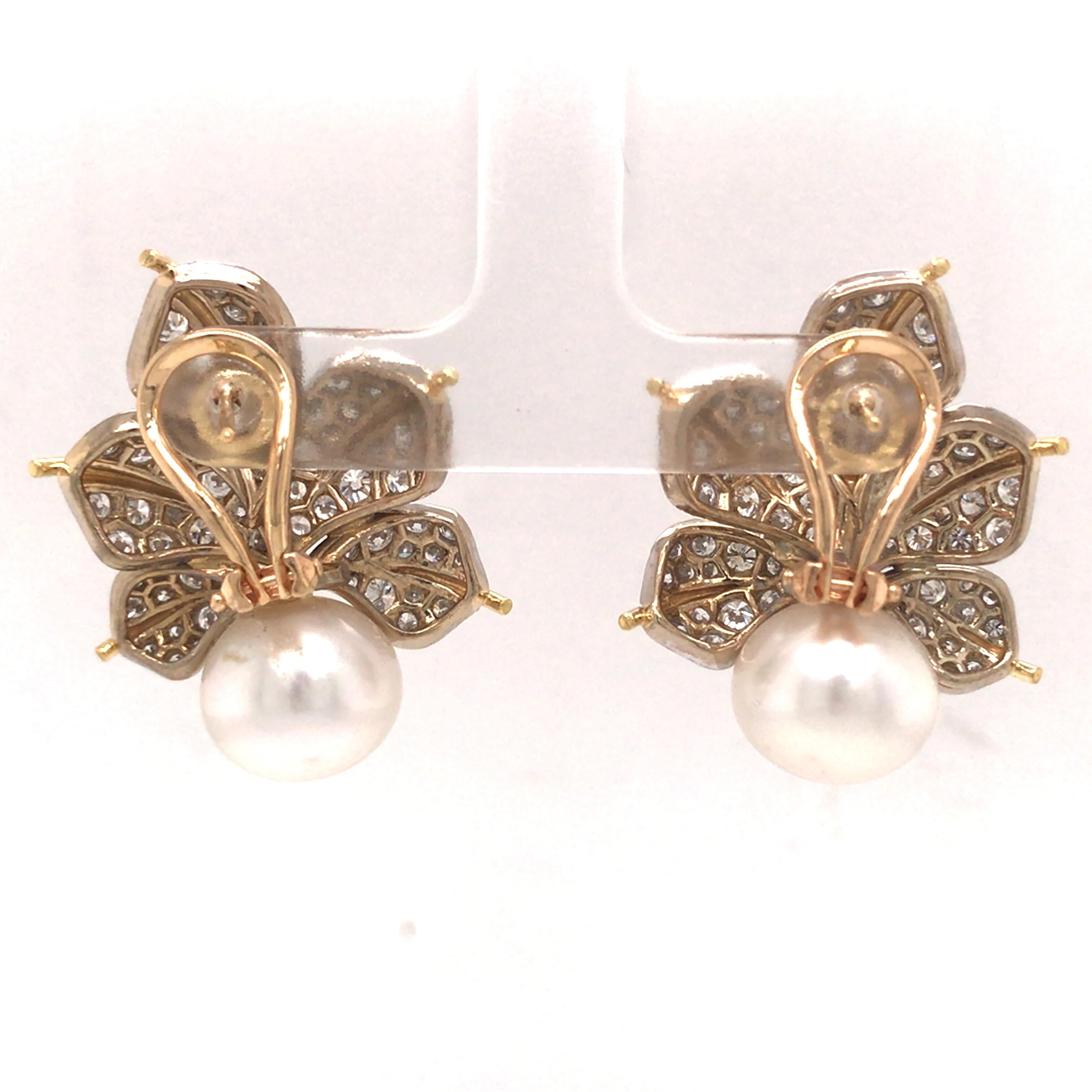Women's 18K Diamond Pave Leaf and Pearl Earrings Two-Tone Gold