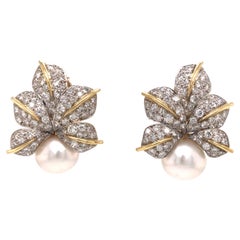 18K Diamond Pave Leaf and Pearl Earrings Two-Tone Gold