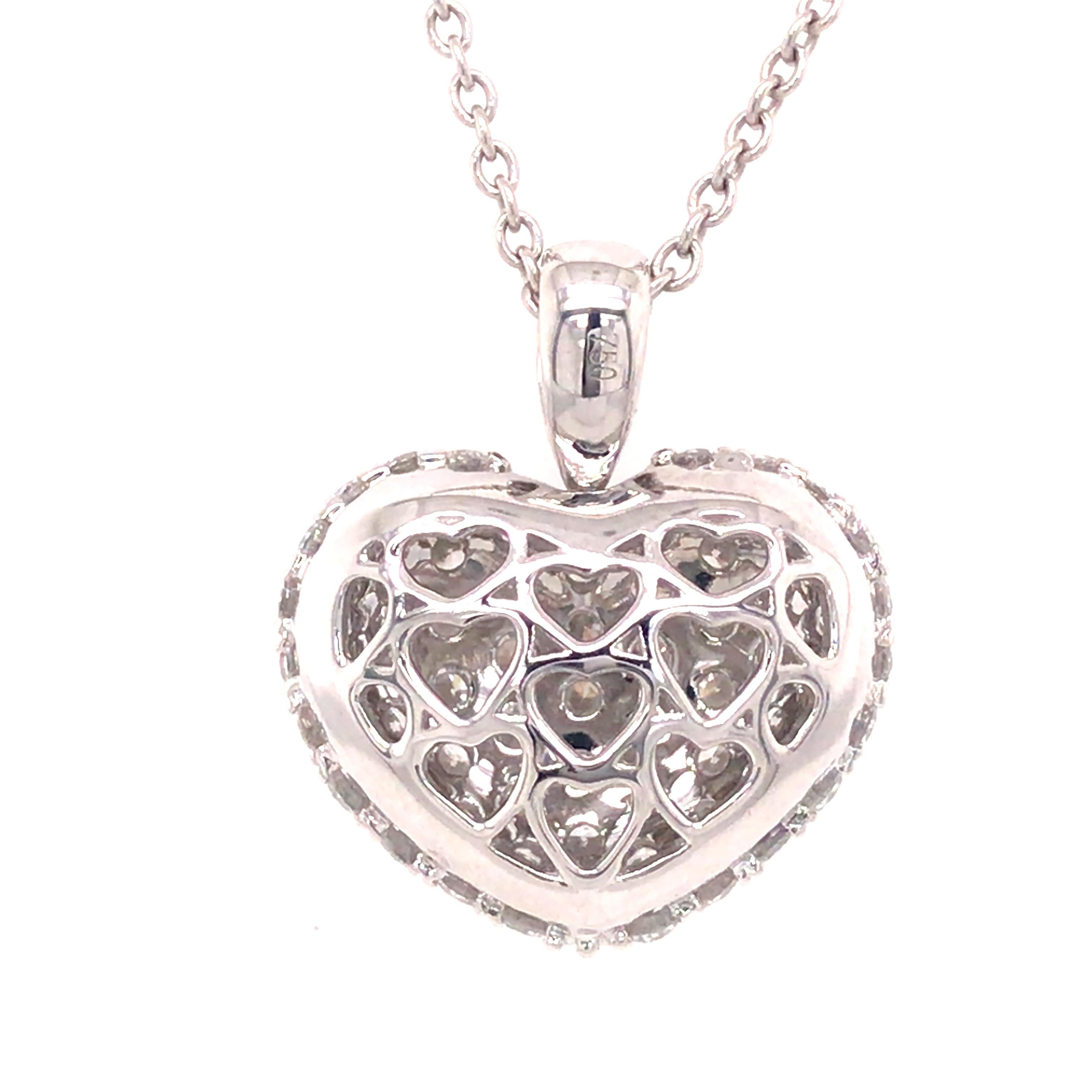 Round Cut 18K Diamond Pave Puff Heart Pendant White Gold For Sale