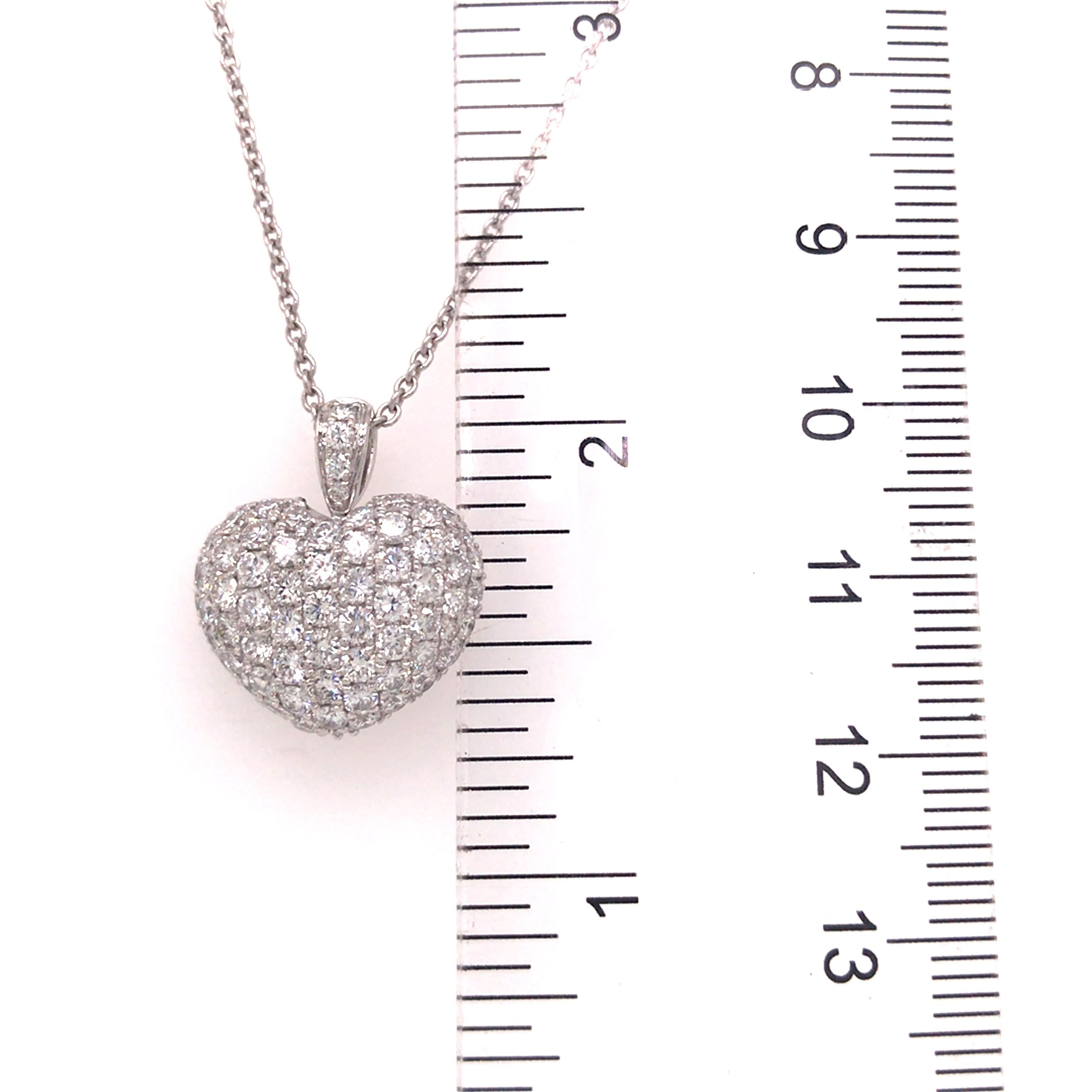 18K Diamond Pave Puff Heart Pendant White Gold In New Condition For Sale In Boca Raton, FL